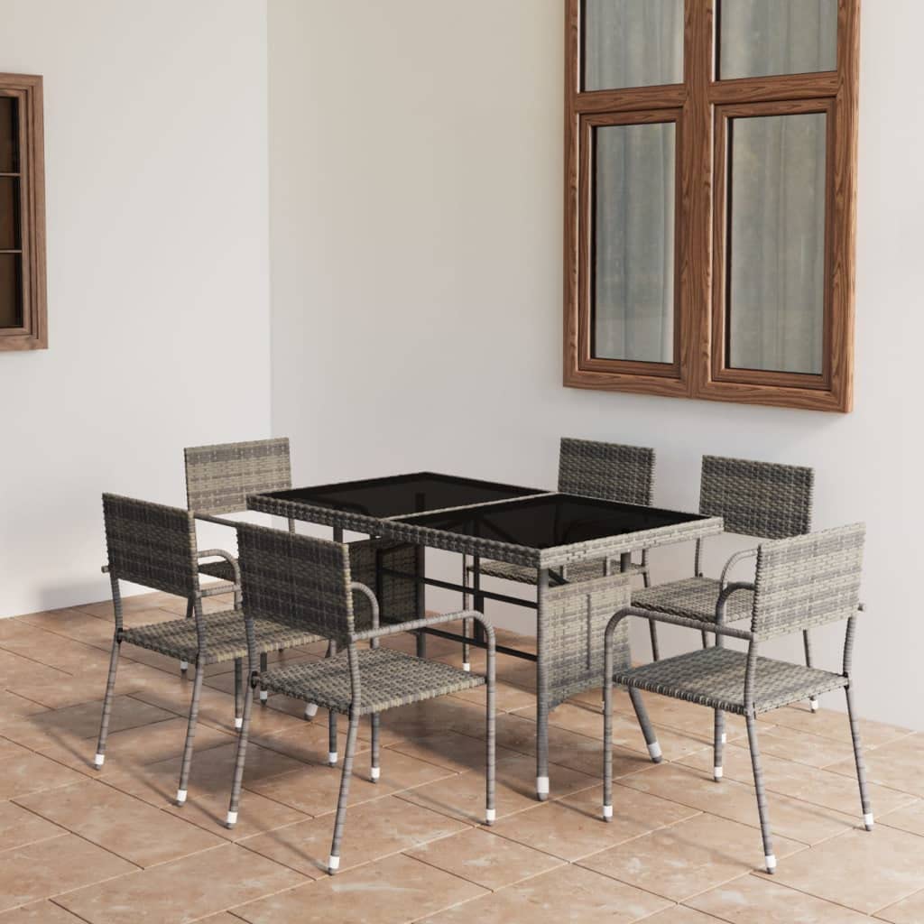 vidaXL 7-Piece Anthracite Grey Poly Rattan Patio Dining Set - Weatherproof Outdoor Furniture for Garden, Patio, Deck, includes Glass Top Table and Six Chairs