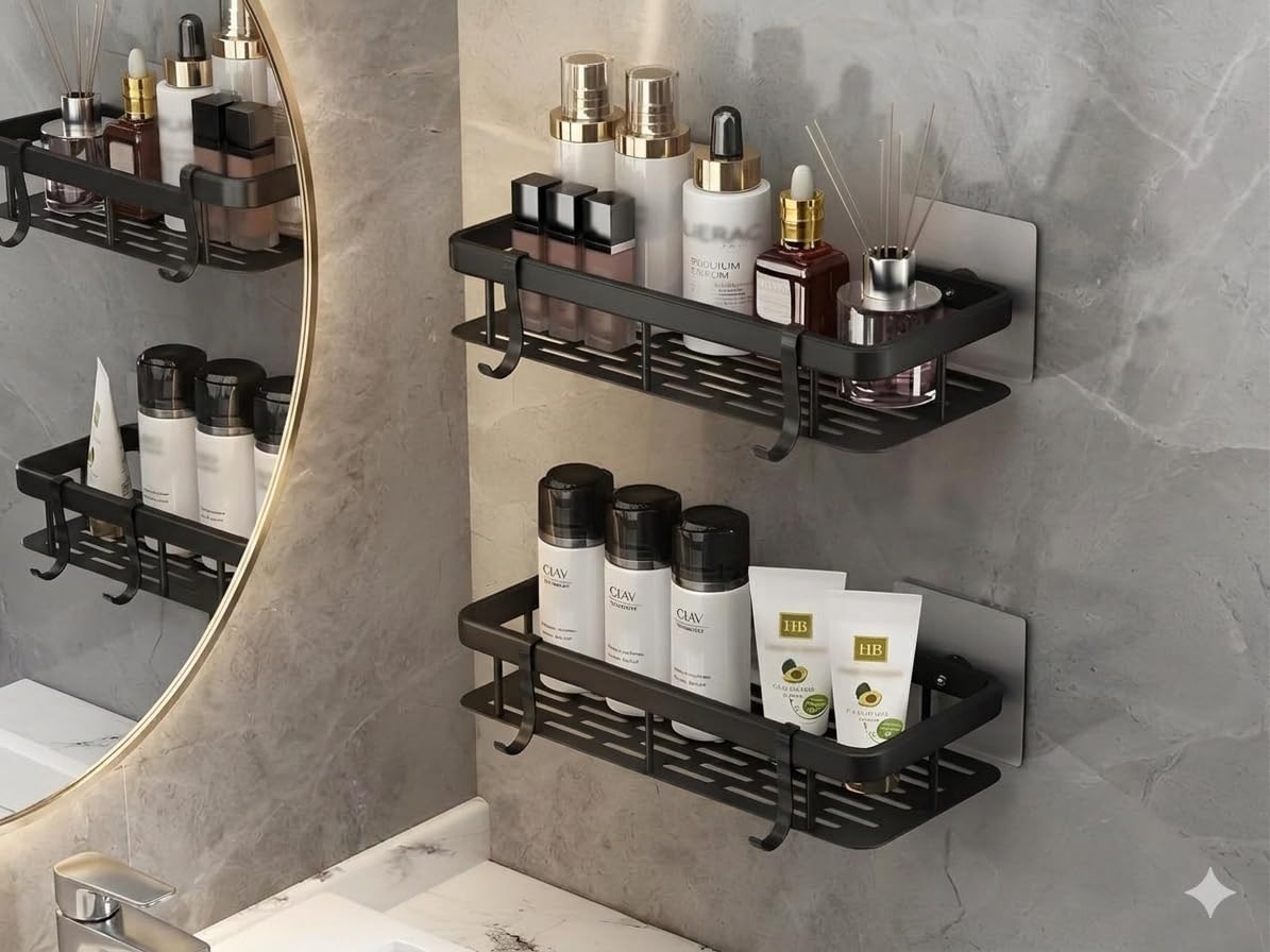 Neatly Home set of 2 Bathroom Shelf Without Drill for Wall | Self Adhesive Bathroom Organiser | Wall Mounted Bathroom Shelves Ra