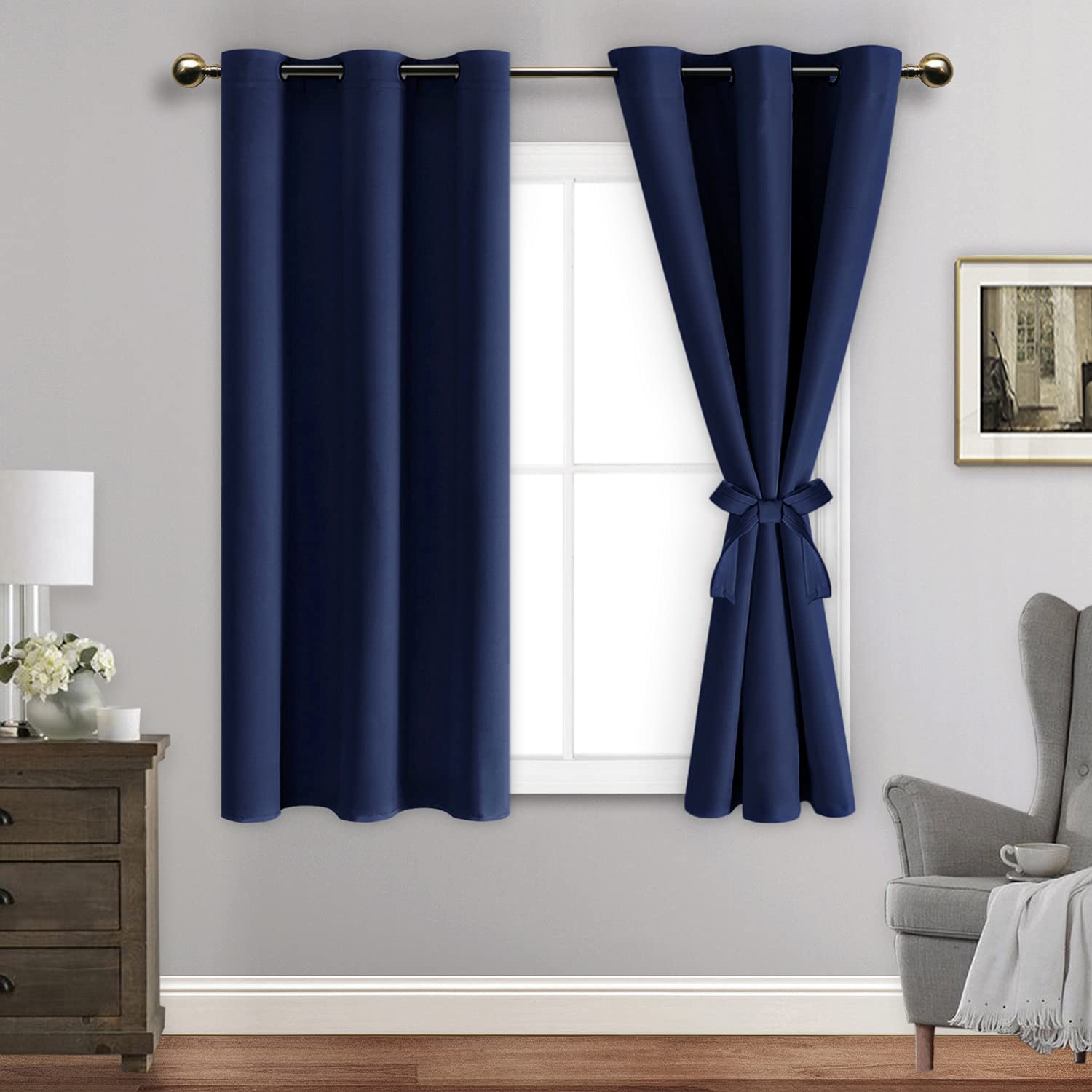 Jiuzhen Blackout Curtains With Tiebacks - Thermal Insulated, Light Blocking And Noise Reducing Grommet Curtain Drapes For Bedroom And Living Room, Set Of 2 Panels, 38 X 45 Inch Length, Navy Blue