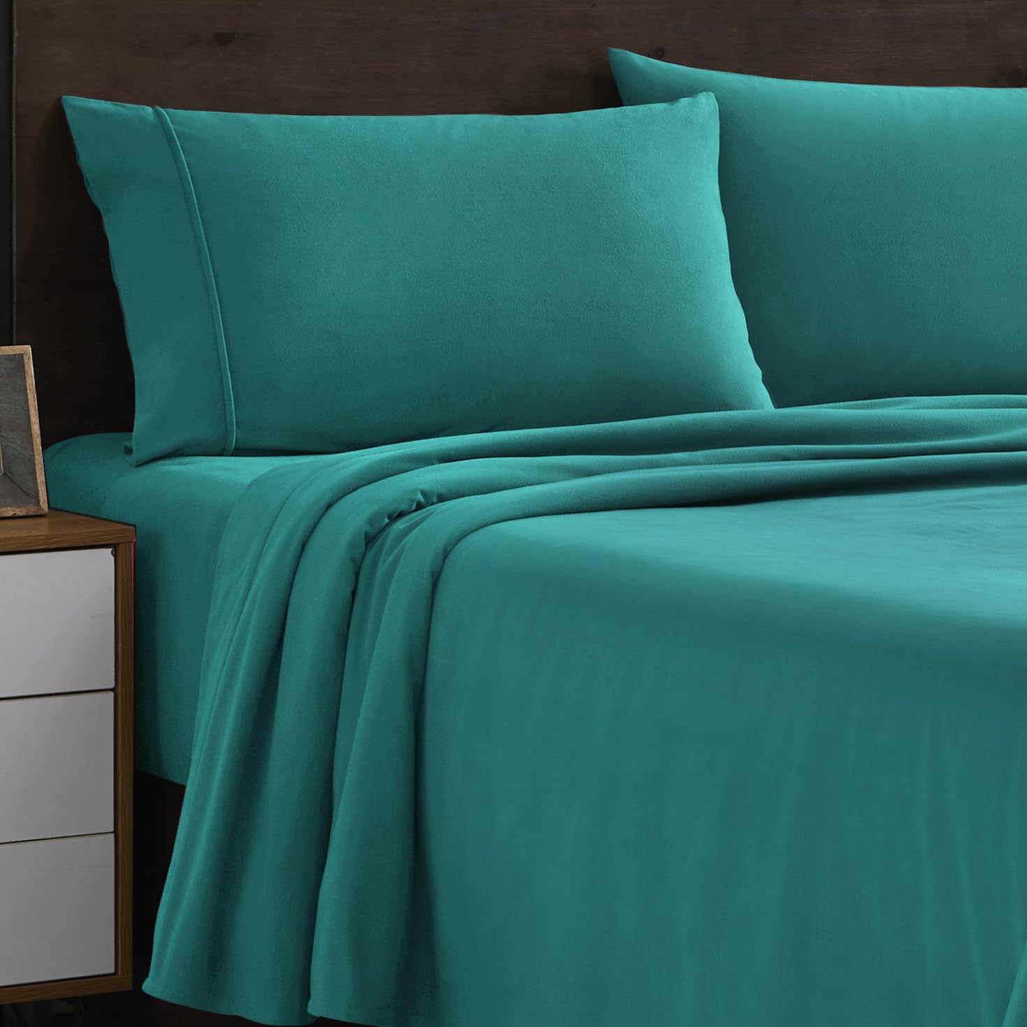 Flannel Sheets Twin Warm And Cozy Deep Pocket Breathable All Season Bedding Set With Fitted With Full Elastic & Built In Corner Sheet Straps, Flat And Pillowcases, Twin, Teal