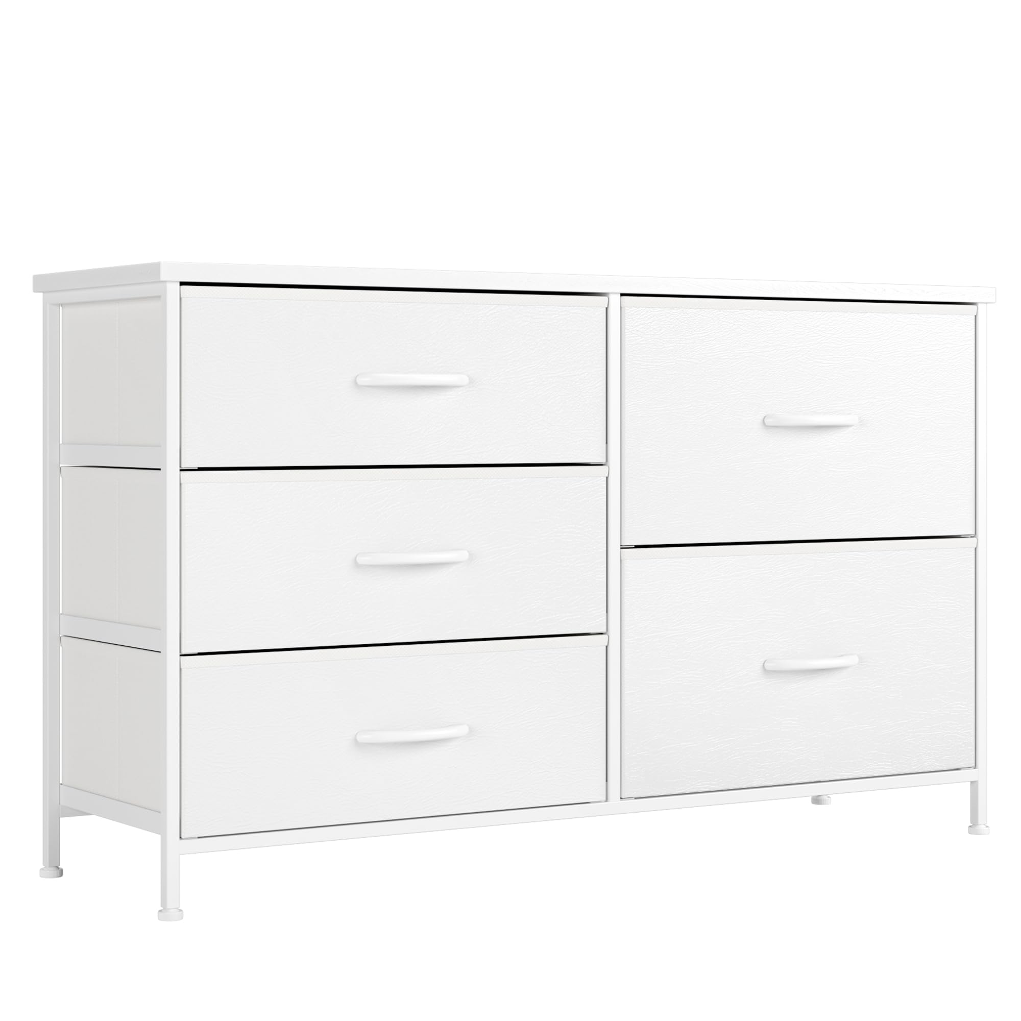 Nicehill White Dresser For Bedroom With 5 Drawers, Small Dresser For Kids' Bedroom, Closet, Wide Chest Of Drawers With Fabric Storage Drawers, Wooden Top, Steel Frame, Modern, White