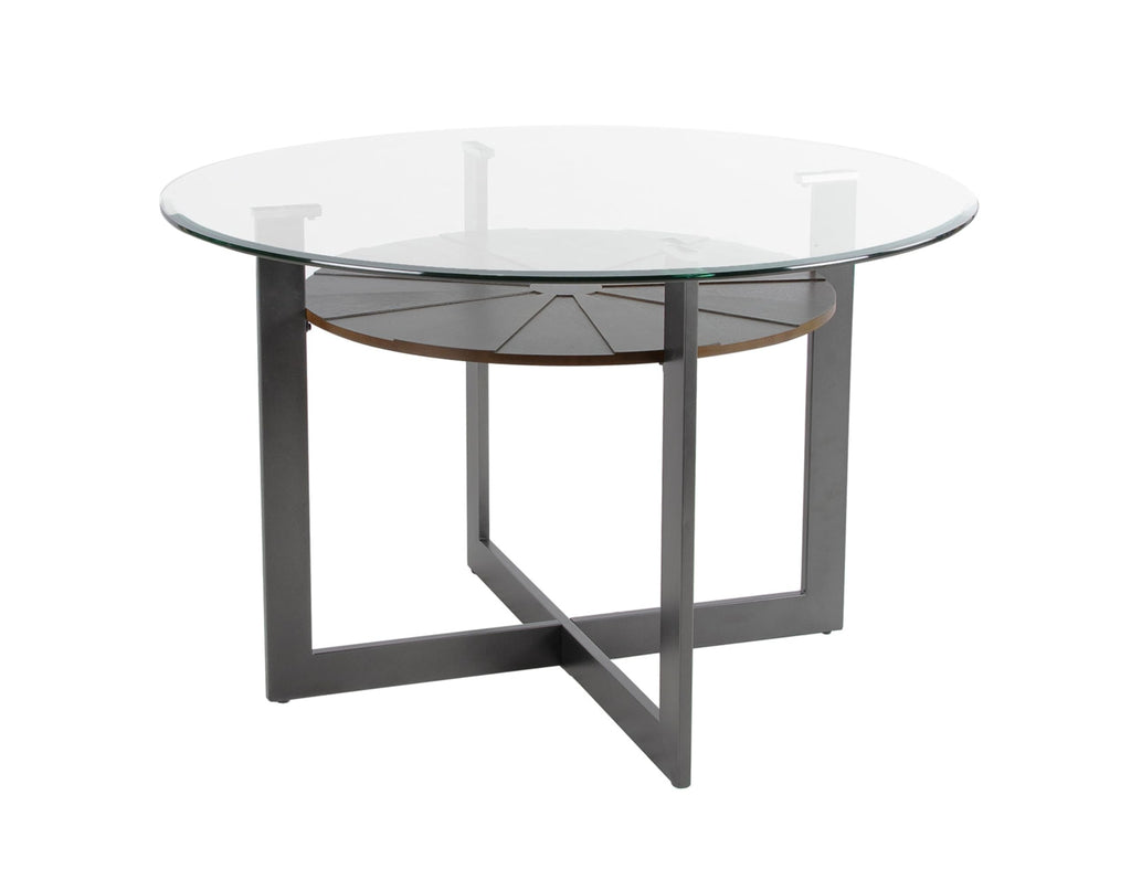 Steve Silver Furniture Olson Counter Table, 48" Round Glass Table Top w/Iron Trestle Base w/Birch Wood Veneers, Mid-Centruy Design, 36" Table Height, (Table Only), 48" L x 48" W x 36" H, Grey