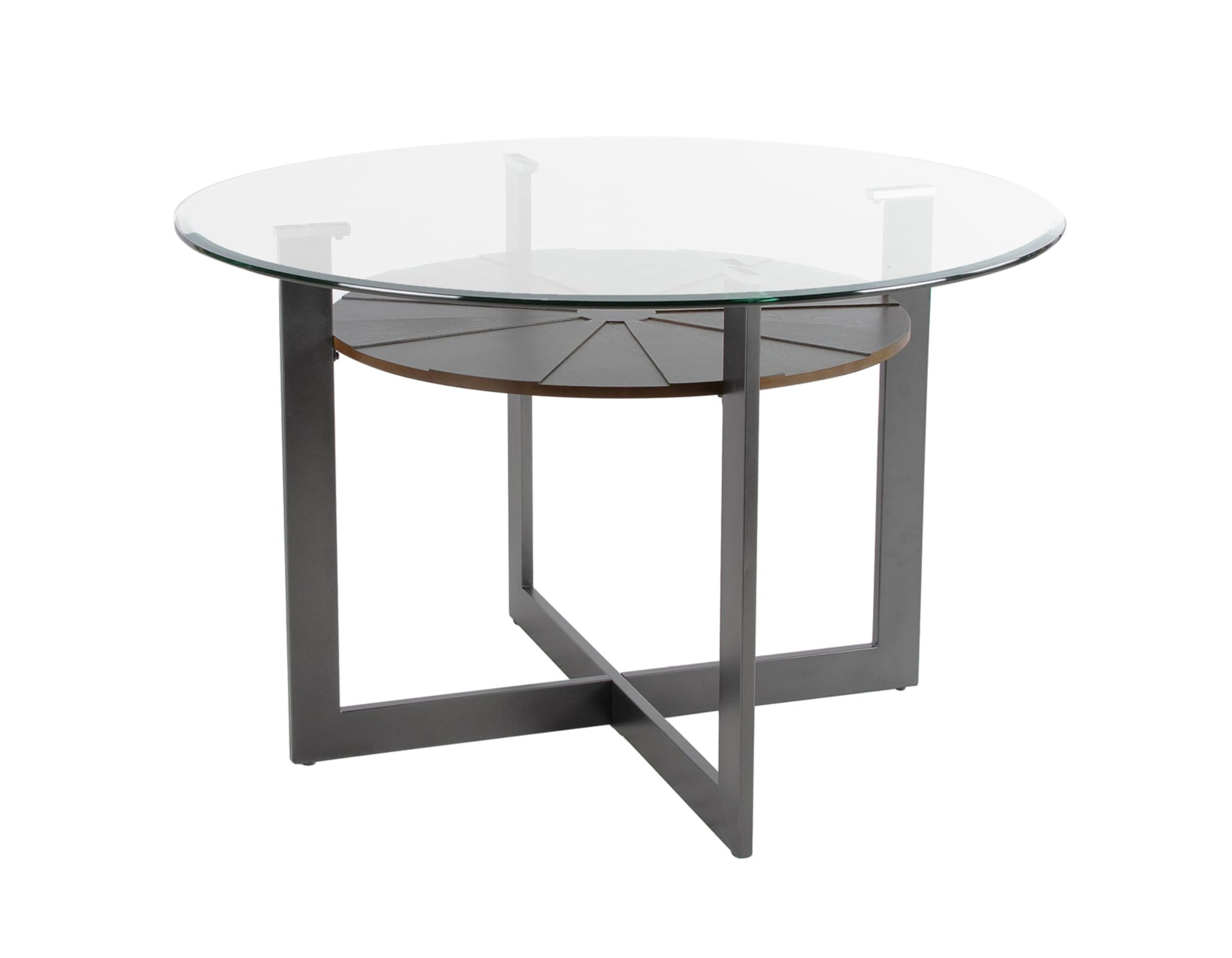 Steve Silver Furniture Olson Counter Table, 48" Round Glass Table Top w/Iron Trestle Base w/Birch Wood Veneers, Mid-Centruy Design, 36" Table Height, (Table Only), 48" L x 48" W x 36" H, Grey