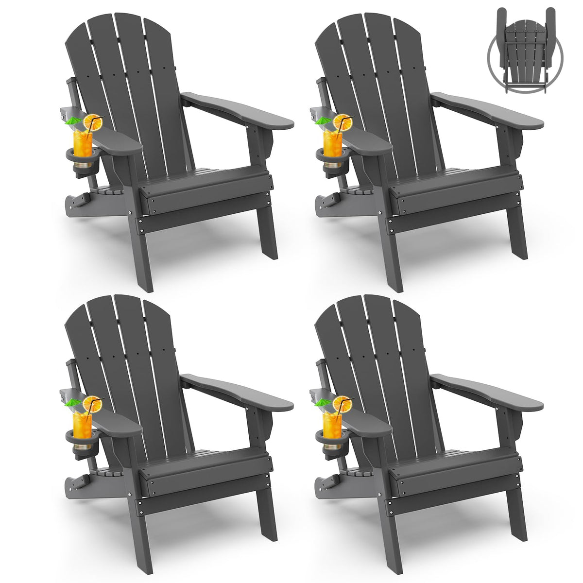 Greenvines Folding-Adirondack-Chairs-Set-Of-4 | Hdpe Plastic | Fire Pit Chair | All Weather | Cup Holder | Grey | For Deck Backyard Patio Outdoor Garden