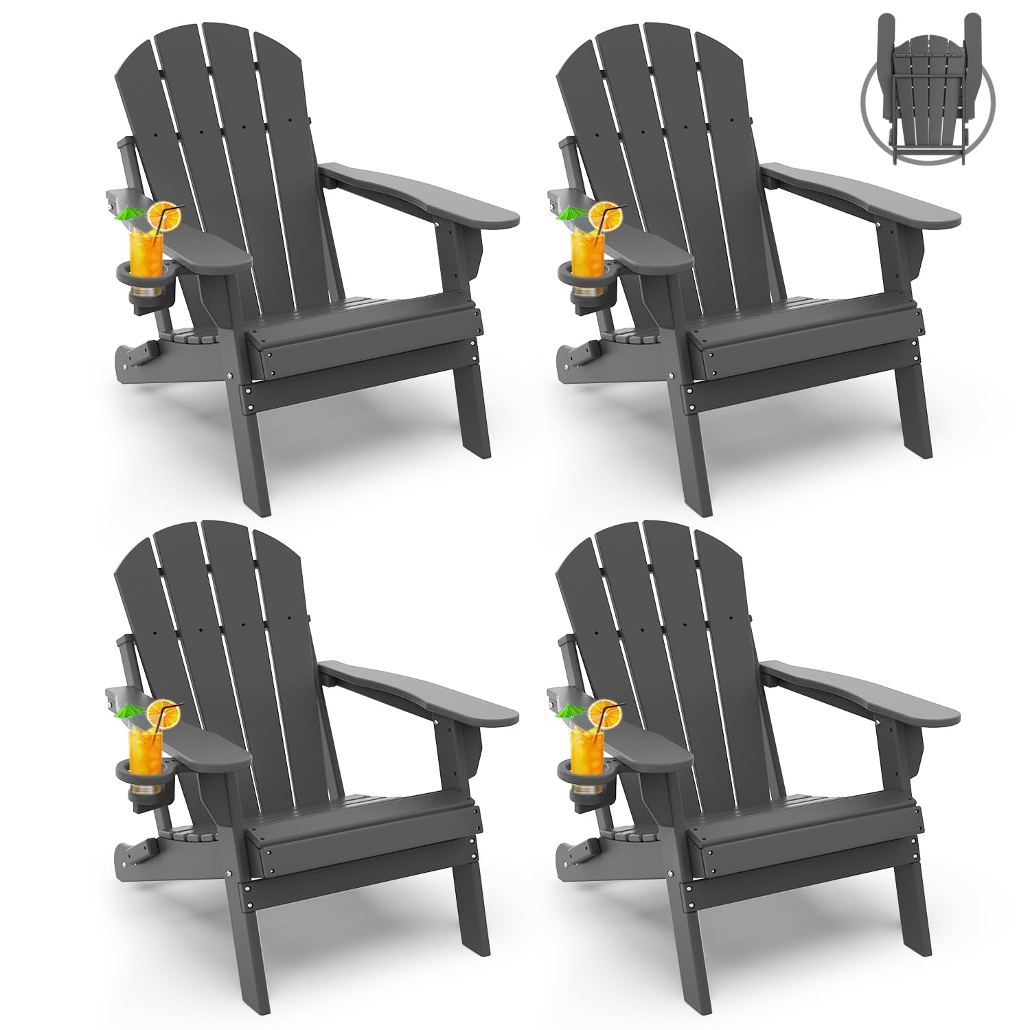 Greenvines Folding-Adirondack-Chairs-Set-Of-4 | Hdpe Plastic | Fire Pit Chair | All Weather | Cup Holder | Grey | For Deck Backyard Patio Outdoor Garden