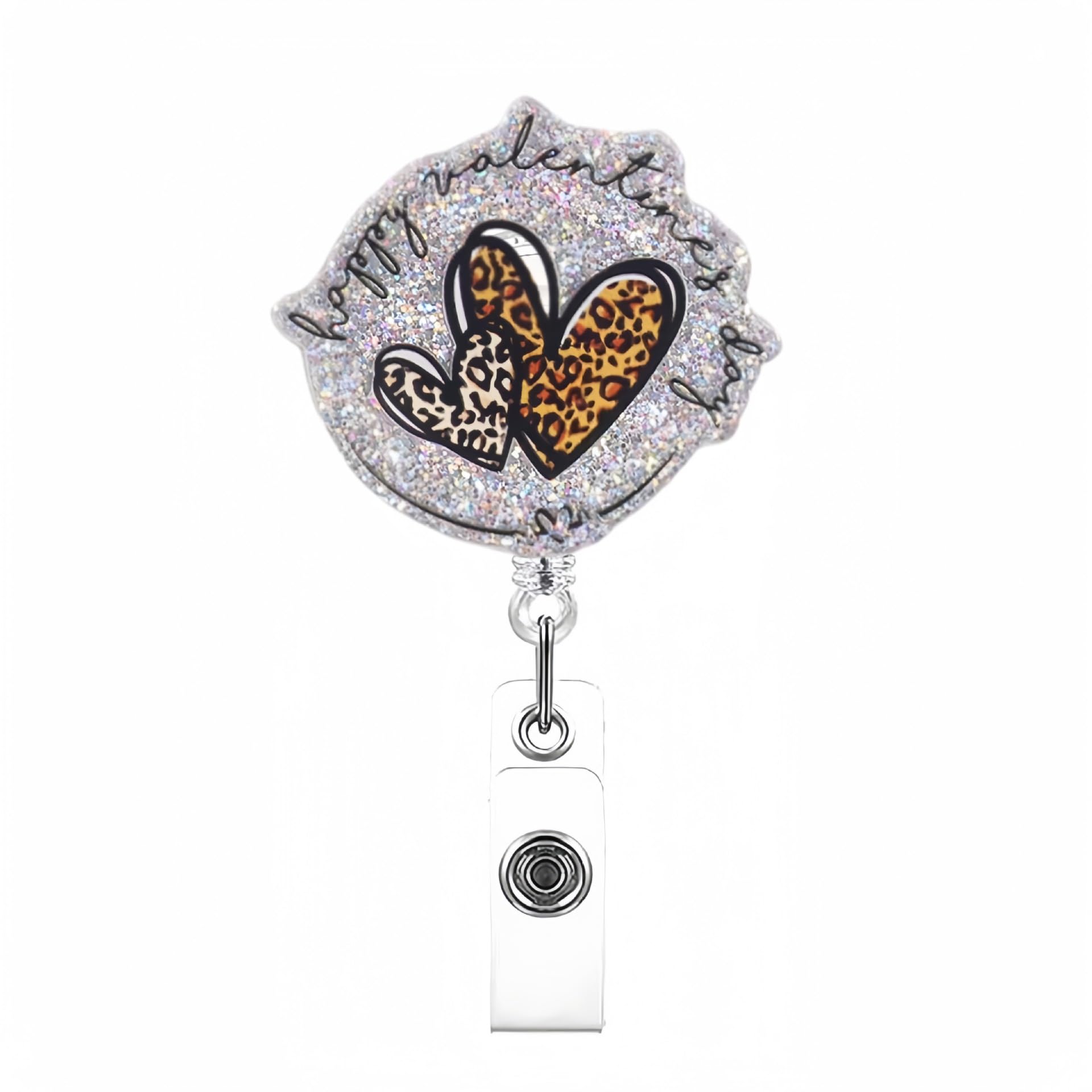 Valentines Day Silver Glitter Badge Reel,Gold Hearts Designs Badge Holder, Glitter Acrylic Badge Holder Retractable With Alligat
