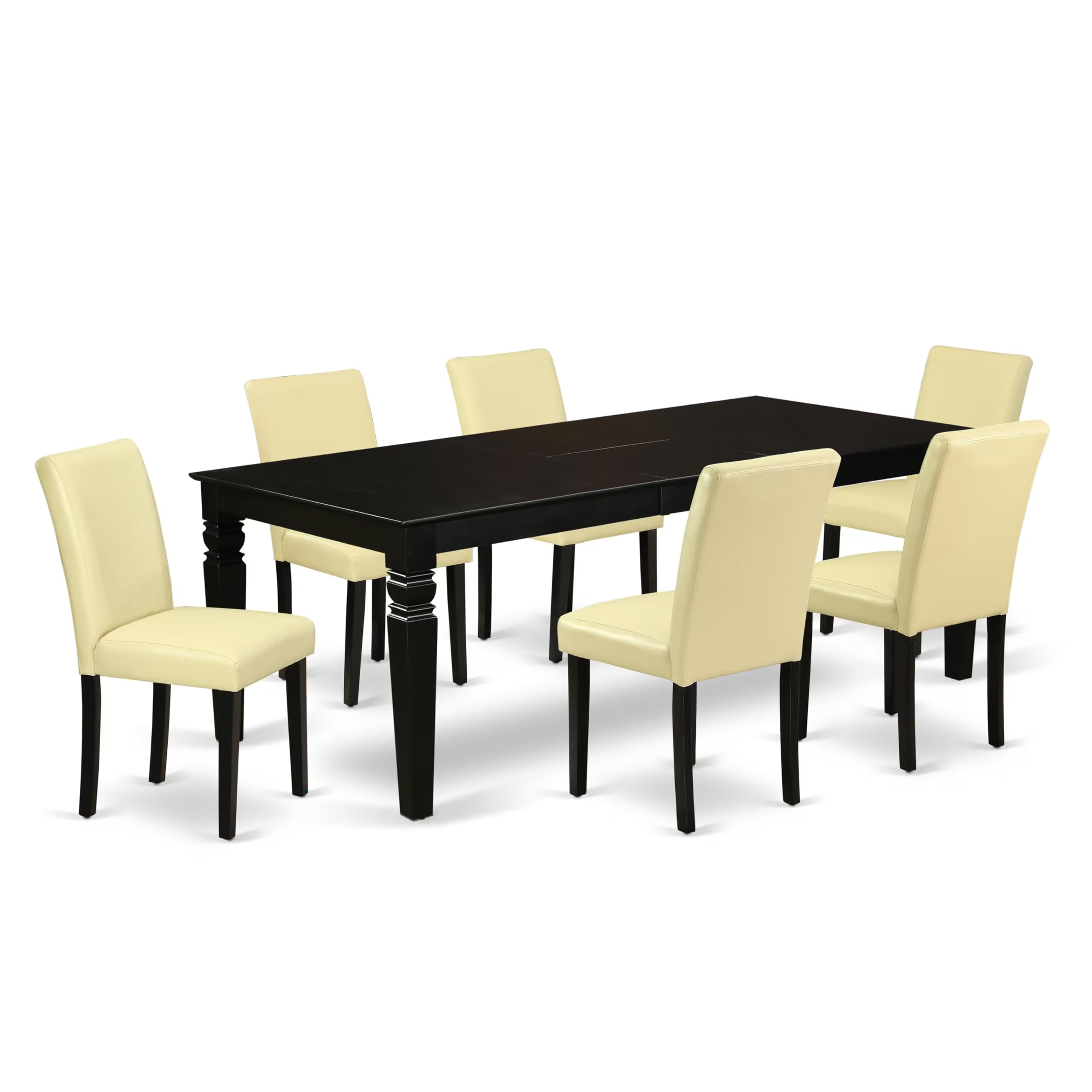 East West Furniture Lgab7-Blk-73 7 Piece Dining Set Consist Of A Rectangle Dining Room Table With Butterfly Leaf And 6 Eggnog Faux Leather Upholstered Chairs, 42X84 Inch, Black