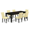 East West Furniture Lgab7-Blk-73 7 Piece Dining Set Consist Of A Rectangle Dining Room Table With Butterfly Leaf And 6 Eggnog Faux Leather Upholstered Chairs, 42X84 Inch, Black