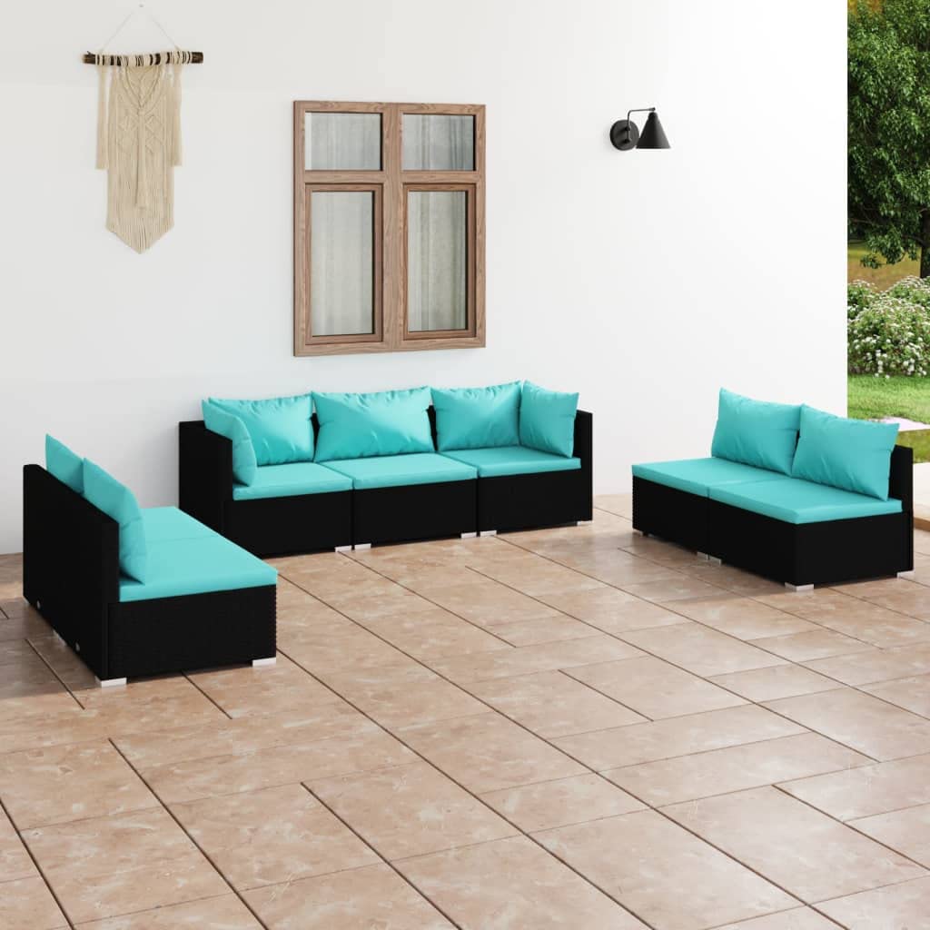 vidaXL Trendy 7-Piece Patio Lounge Set with Poly Rattan Weave, Black, Durable Powder-Coated Steel Frame, Modular Design, Ideal for Outdoor Use