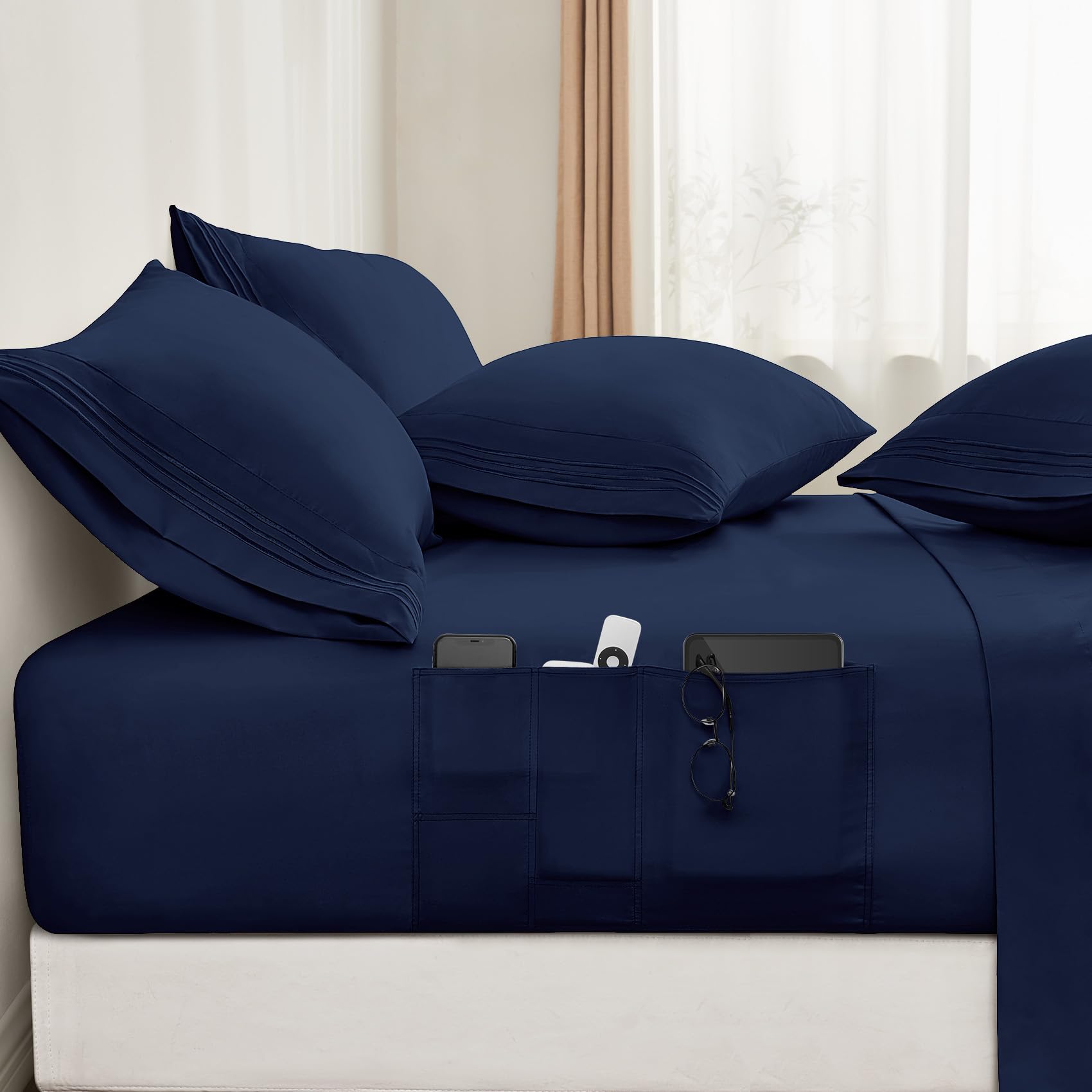 Bysure 6 Pieces Bed Sheets Set With Pockets On Side(Queen, Navy Blue), Sweat-Wicking Breathable Sheets, 16-Inch Super Soft Hotel