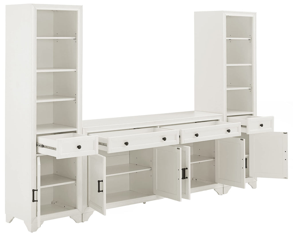 Crosley Furniture Tara 3-Piece Modern Farmhouse Sideboard Buffet Cabinet and Bookcase Set with Storage, Distressed White