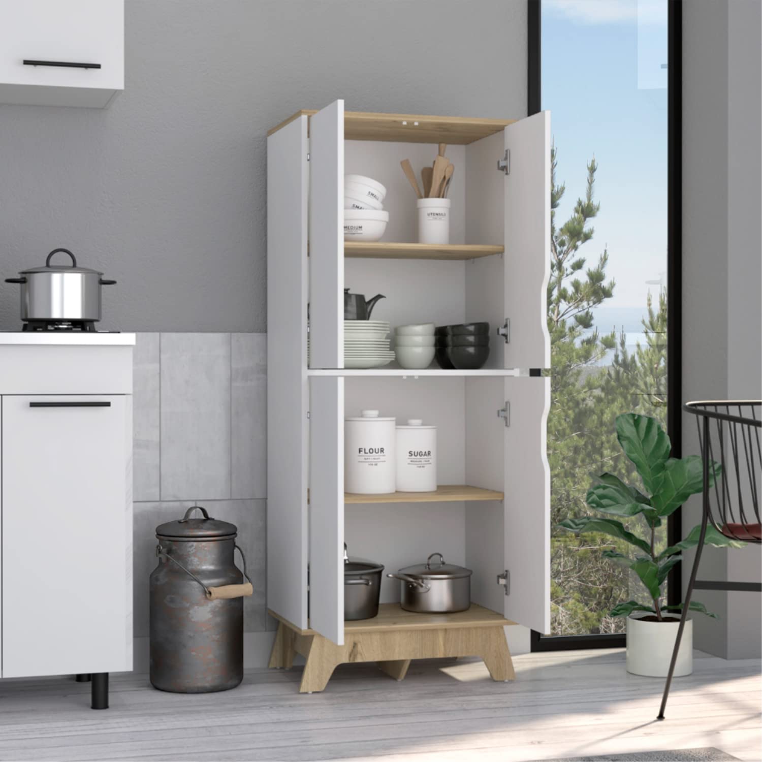 Multistorage Cabinet 59" H, 4 Doors, 4 Internal Shelves, Light Oak/White