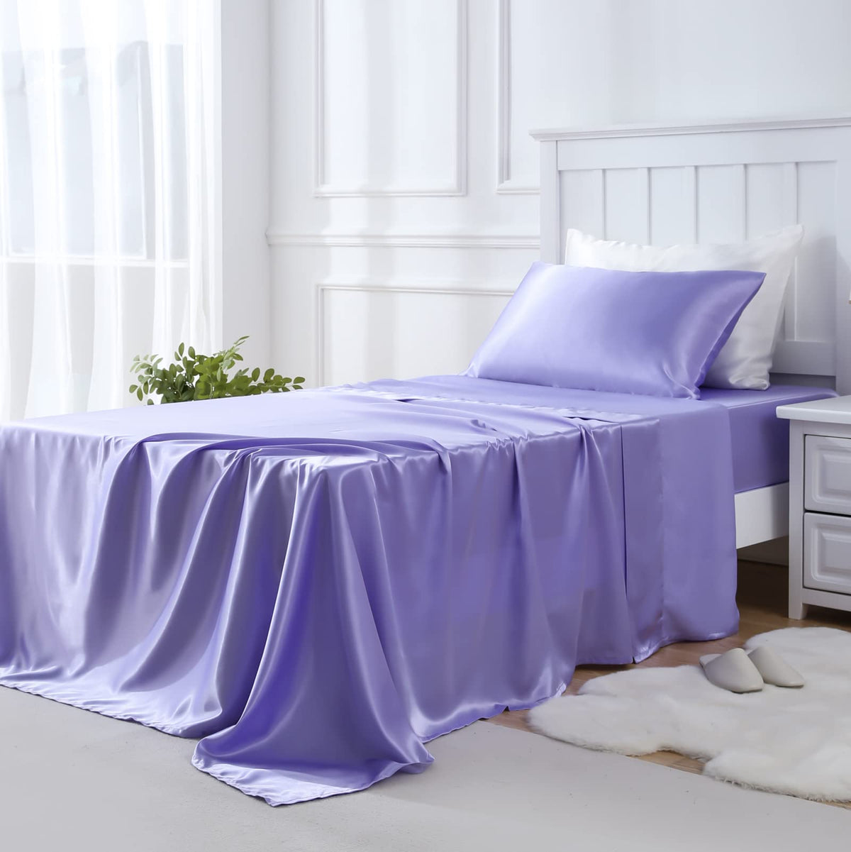 Golal Satin Sheets Twin Size - 3 Pieces Luxury Silky Soft Bed Sheets For Kids, Wrinkle-Free Lavender Satin Silk Sheet Set With 1