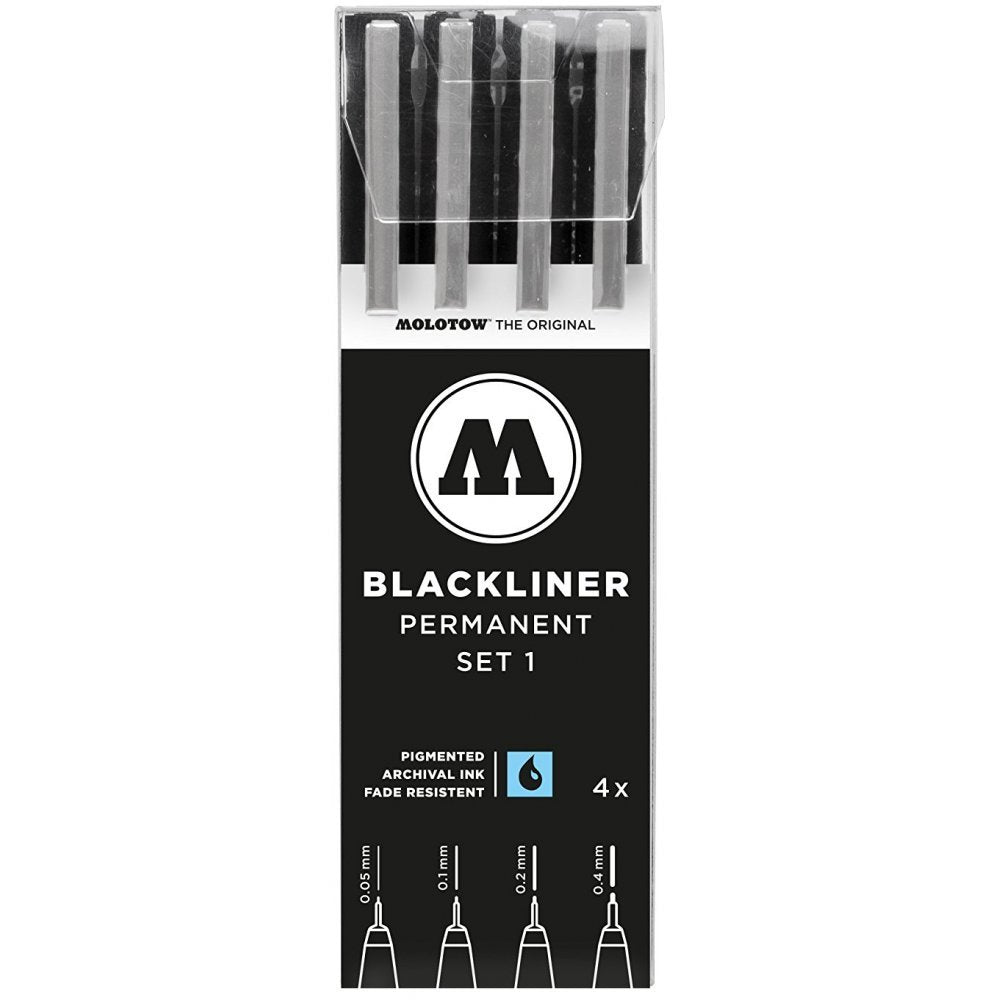 Molotow Blackliner Pen 4-Pen Set 1 - .05Mm, 1Mm, 2Mm, 4Mm Tips, 1 Set Each (200.486)