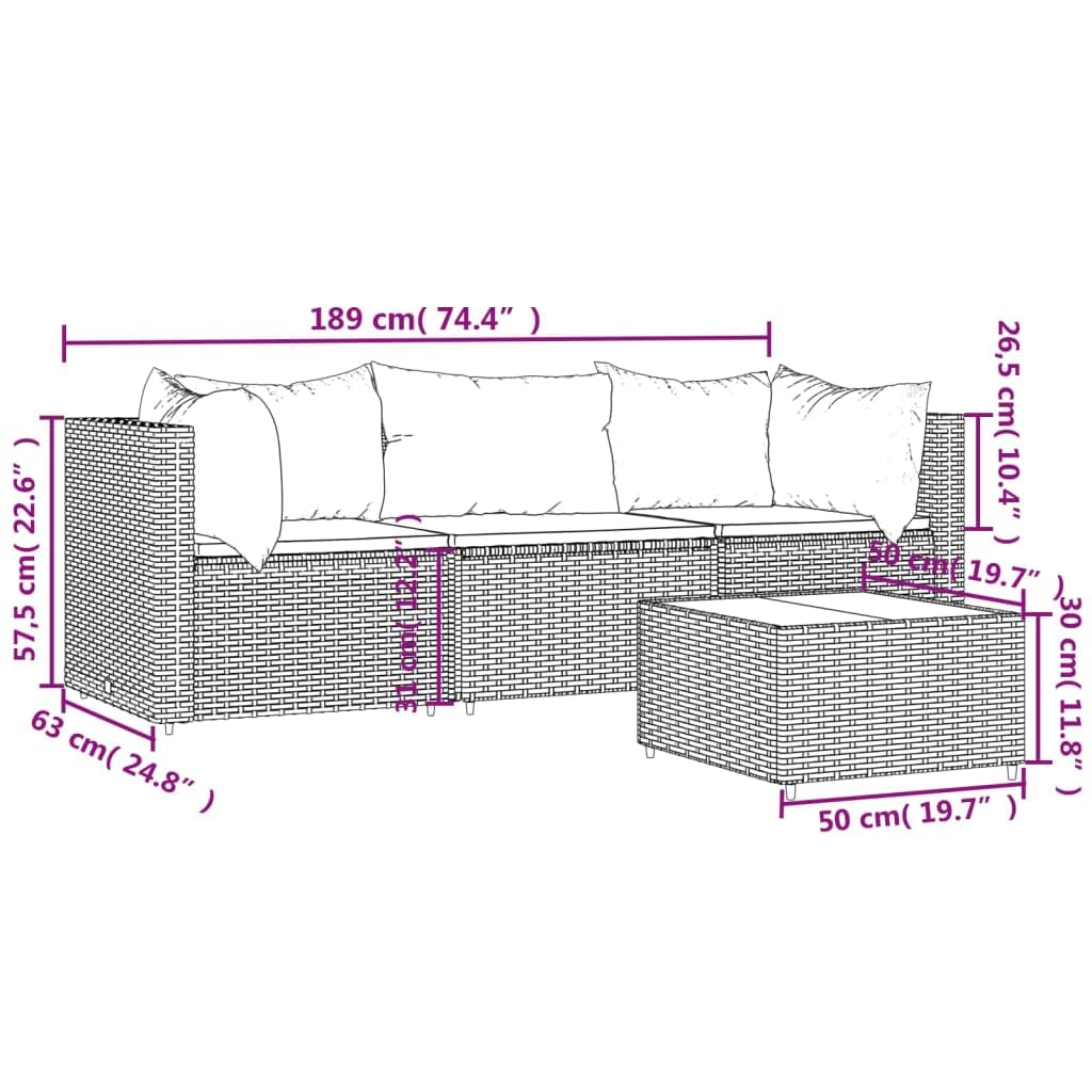 vidaXL Poly Rattan 4-Piece Patio Lounge Set in Brown with Green Cushions - Weather-Resistant, Powder-Coated Steel Frame, Comfortable Backrest and Cushions, Tempered Glass Tabletop