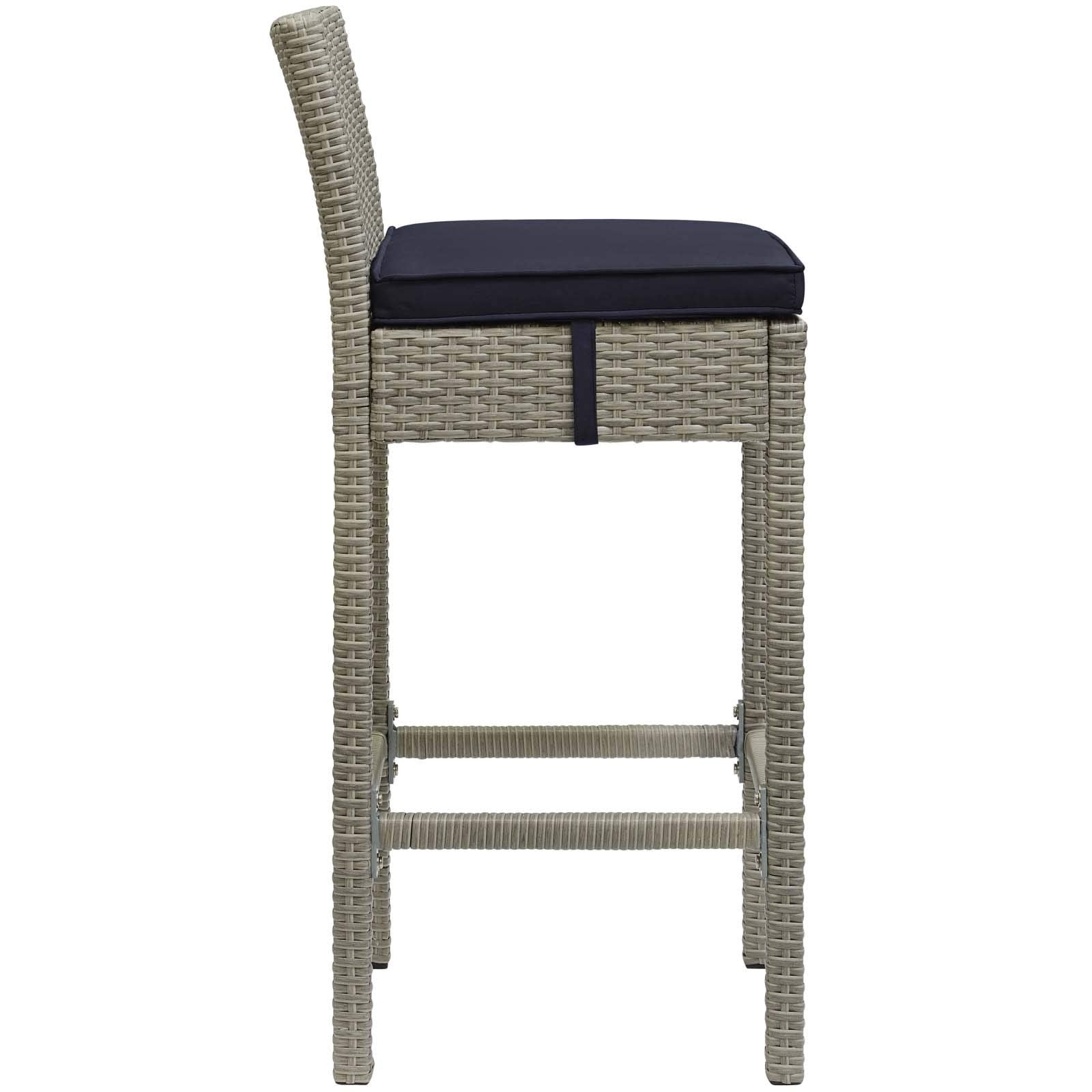 Modway Conduit Wicker Rattan Outdoor Patio Bar Stool with Cushion in Light Gray Navy