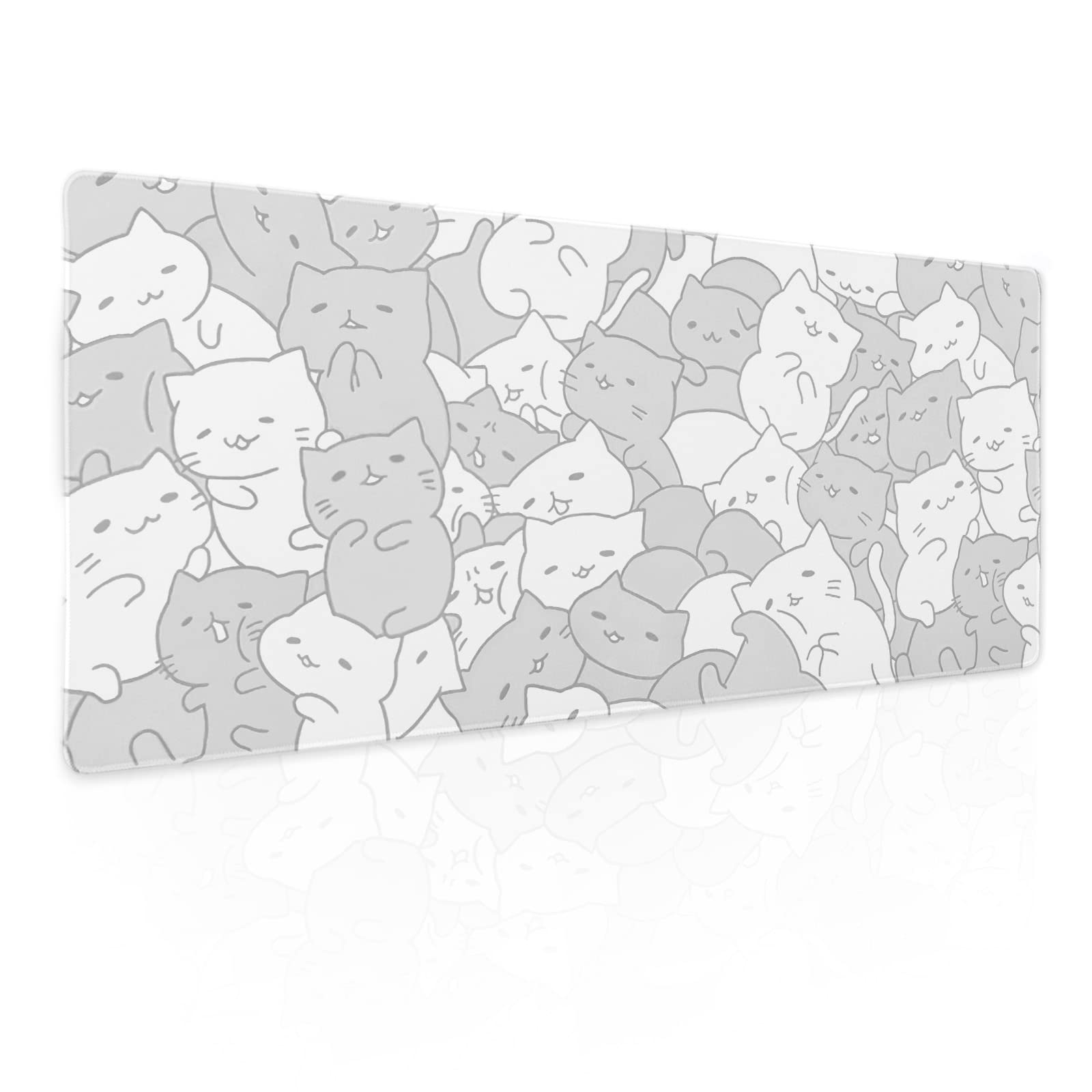 White Kawaii Cats Gaming Mouse Pad Xl Cute Anime Kittens Japanese Extended Big Large Desk Mat Non-Slip Rubber Base Stitched Edge