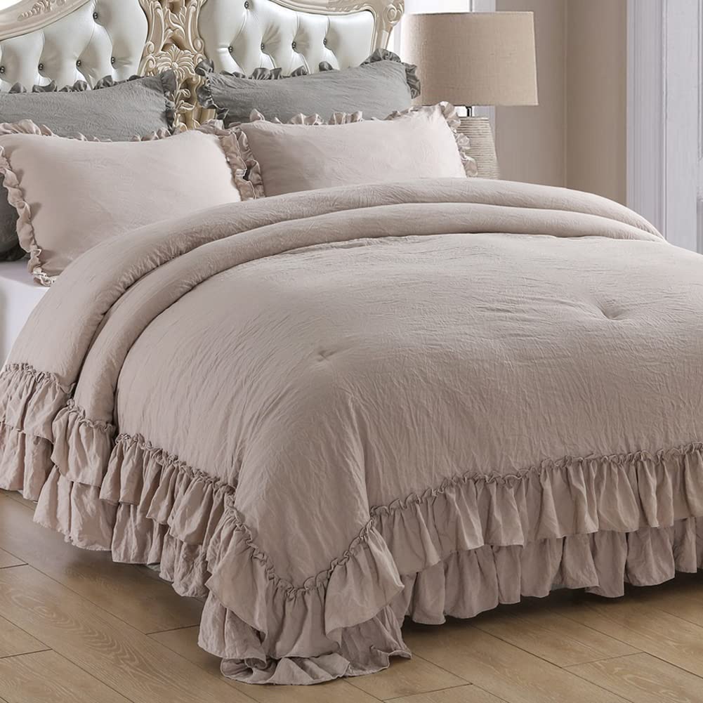 Masaca Taupe Ruffle Full Size Comforter Sets,Farmhouse Shabby Boho Chic Full Size Bedding Sets,Aesthetic Lightweight Cute Bed Co