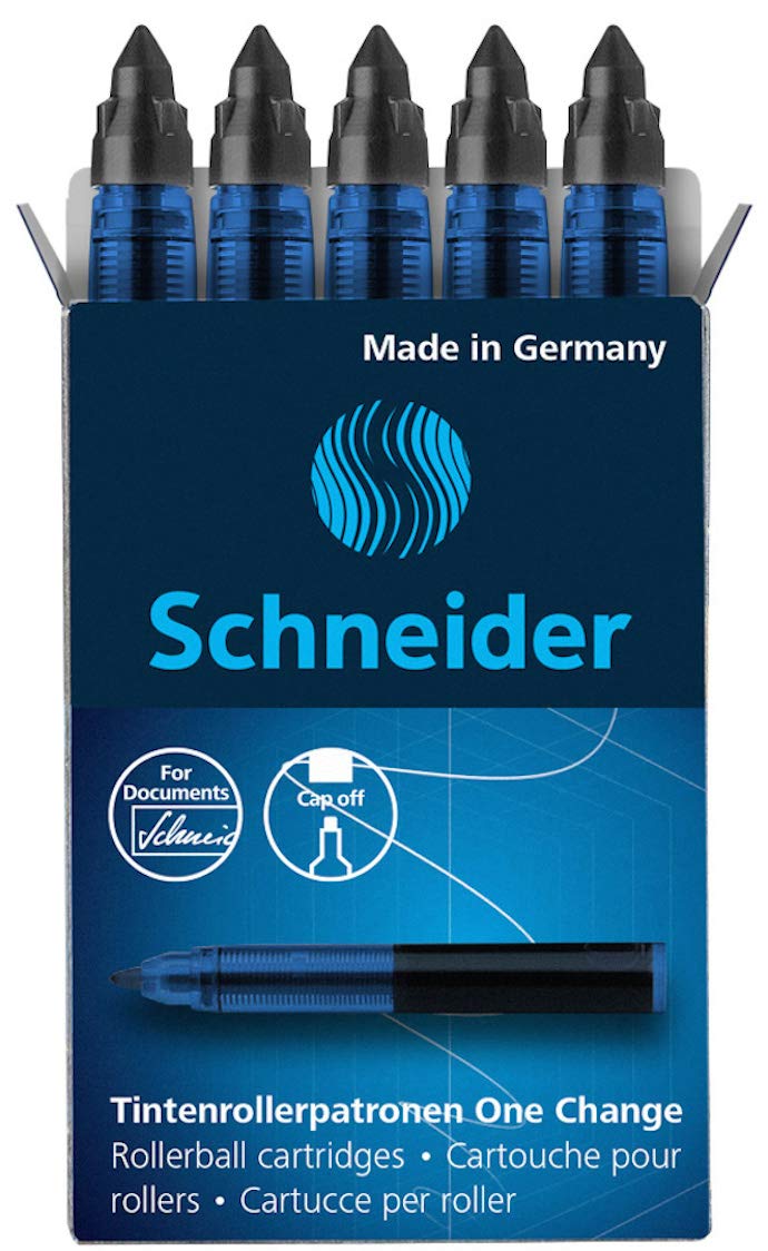 Schneider One Change Rollerball Refill Cartridges, 0.6 Mm, Black Ink, Box Of 5 Refill Cartridges (185401)
