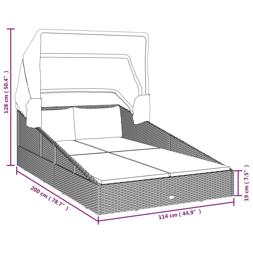 vidaXL Modern Sunbed with Foldable Roof in Gray Poly Rattan – Weather Resistant, Easy-to-Clean Garden Lounge Bed with Removable, Washable Cushion Covers