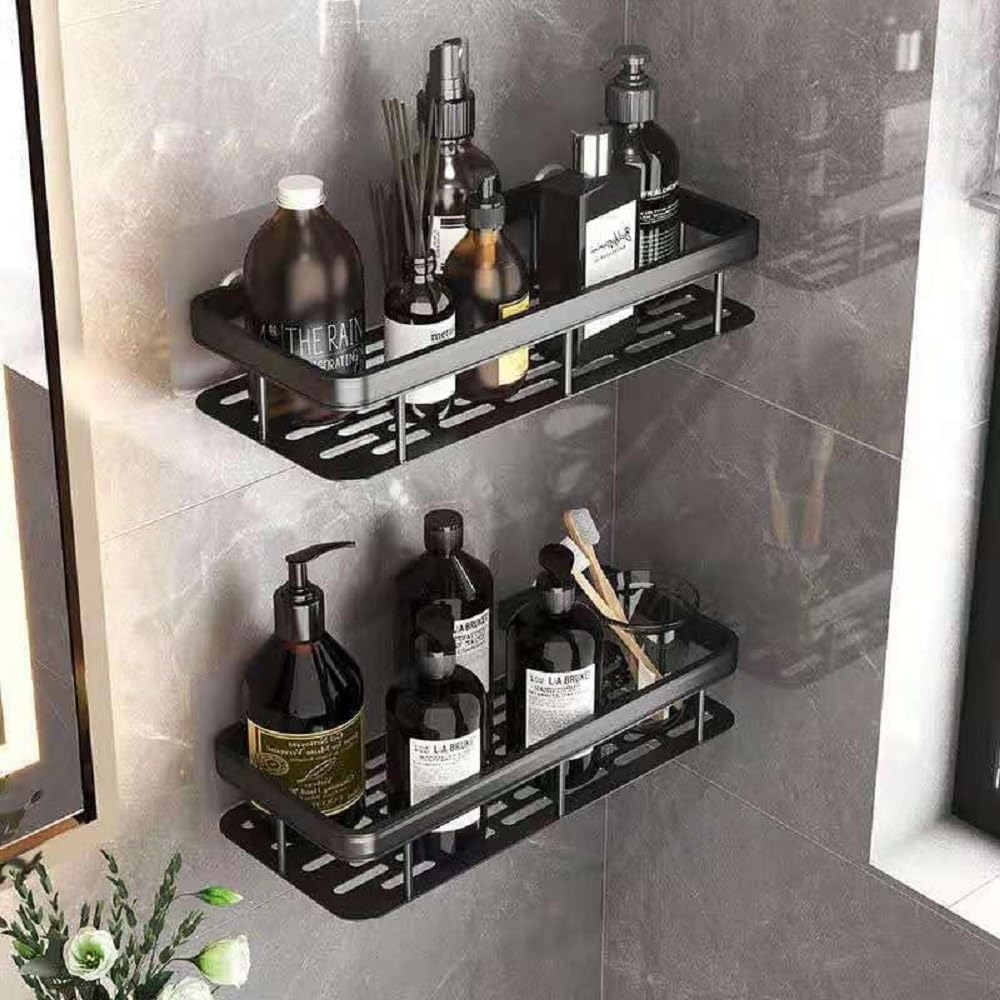 ONISWELL Wall Mounted Bathroom Shelf Rack with Drain Tray & Adhesive Mount (Black, Pack of 2) | Metal Bathroom Organizer for Sin