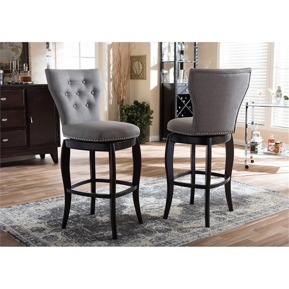 Baxton Studio Leonice Grey Fabric Upholstered Button-Tufted Swivel Barstool (Set of 2), 29', Gray
