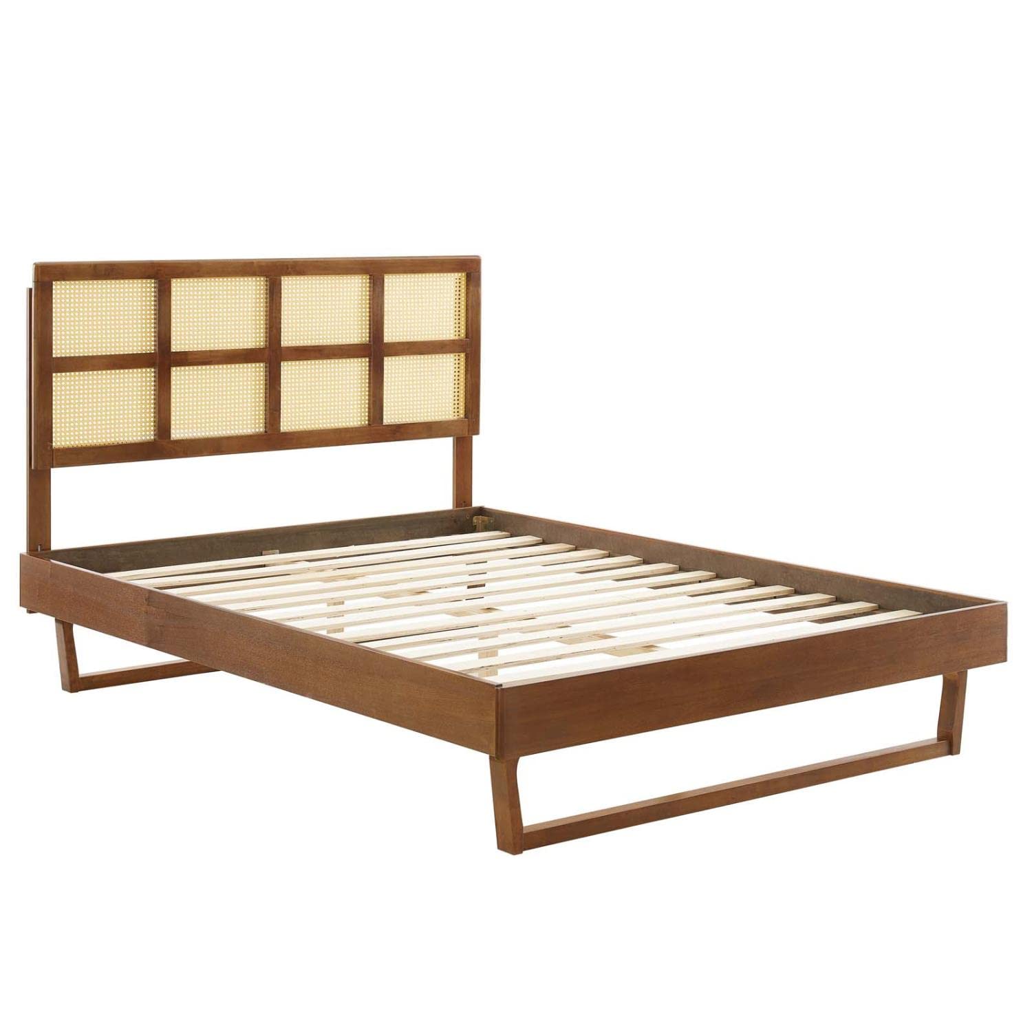 Modway Sidney Cane Rattan And Wood Queen Platform Bed In Walnut With Angular Legs