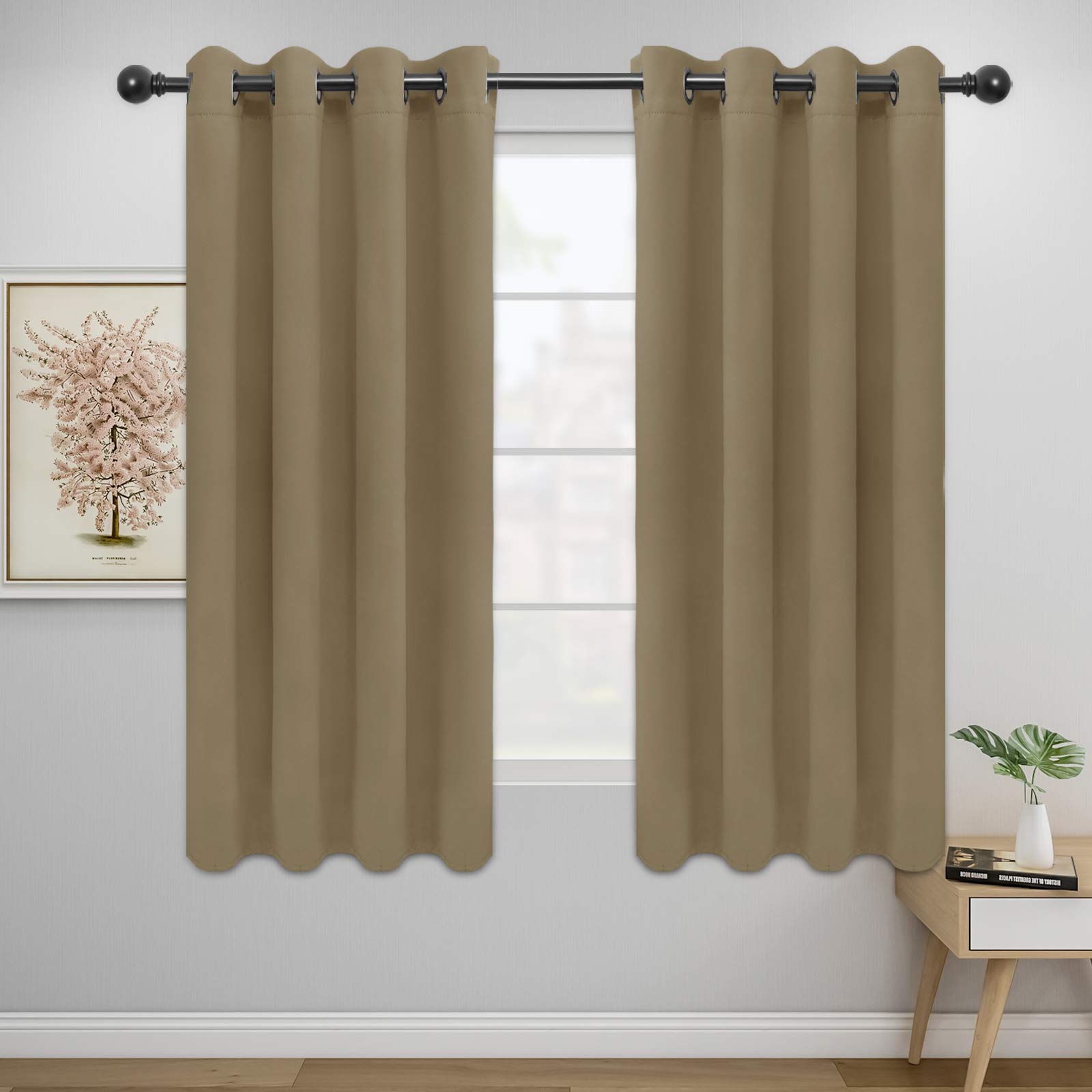 Easy-Going Blackout Curtains For Bedroom, Solid Thermal Insulated Grommet And Noise Reduction Window Drapes, Room Darkening Curtains For Living Room, 2 Panels(52X63 In,Tan)