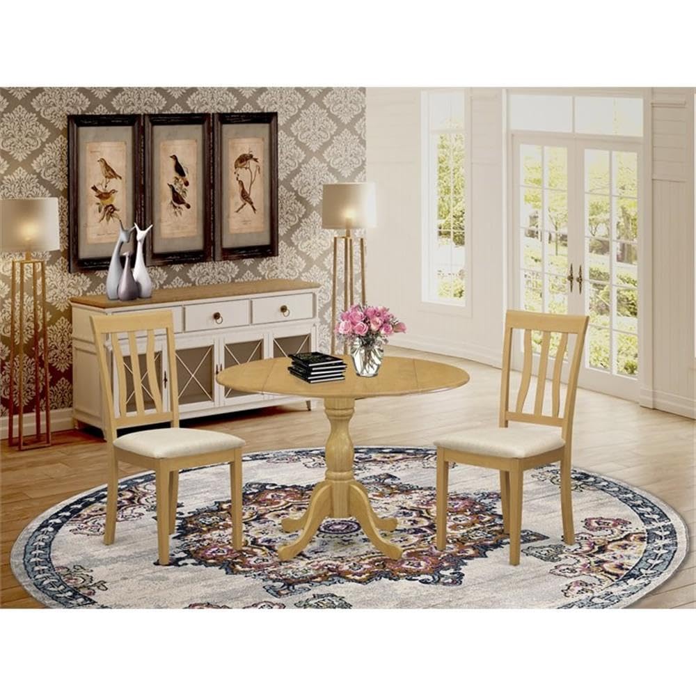 East West Furniture DMAN3-OAK-C 3 Piece Kitchen Table Set for Small Spaces Contains a Round Dining Room Table with Dropleaf and 2 Linen Fabric Upholstered Chairs, 42x42 Inch, Oak