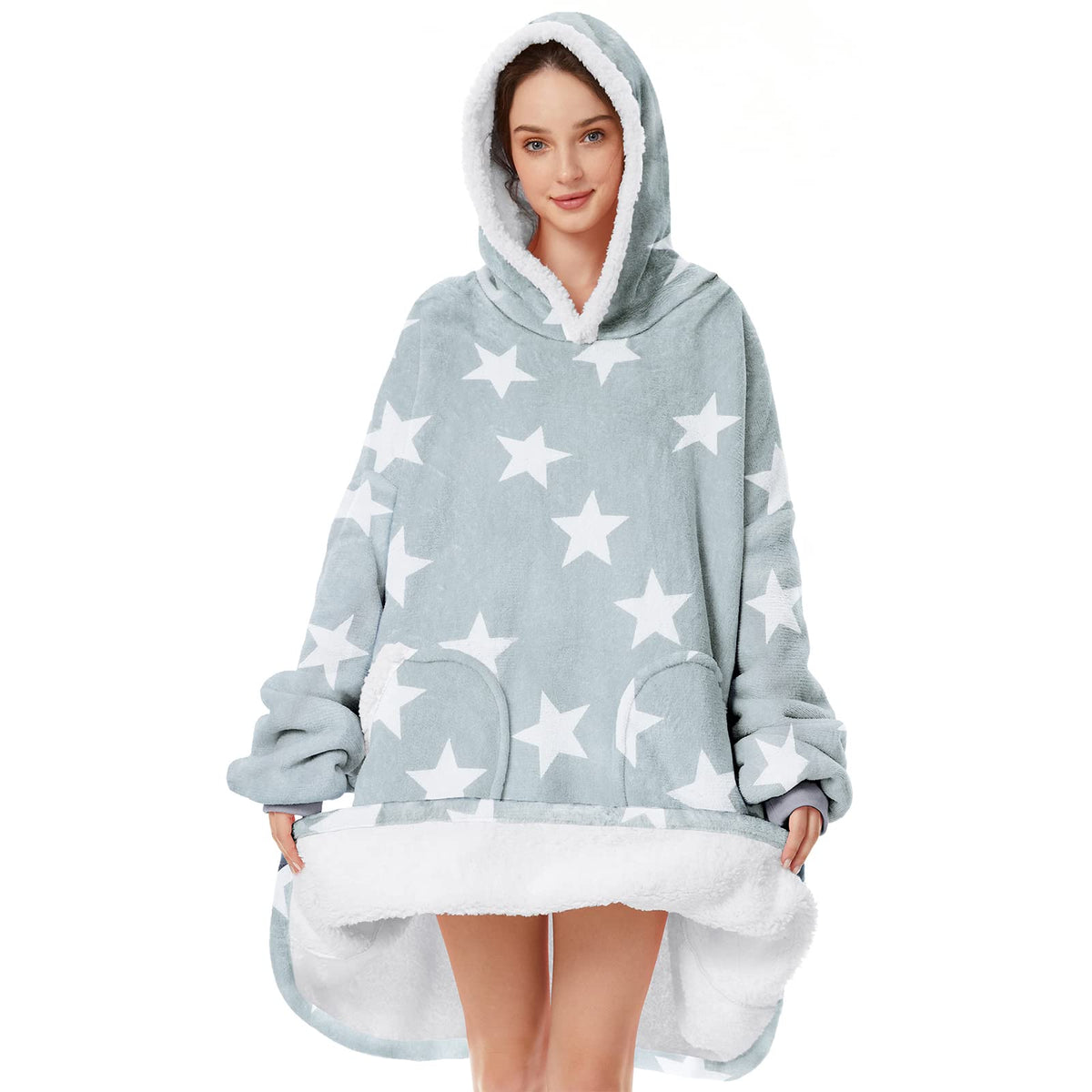 Wearable Blanket With Plush Pockets, Oversized Sherpa Thick Warm Hoodie Blanket Big Sweatshirt, Gifts For Women Men Printed-Star