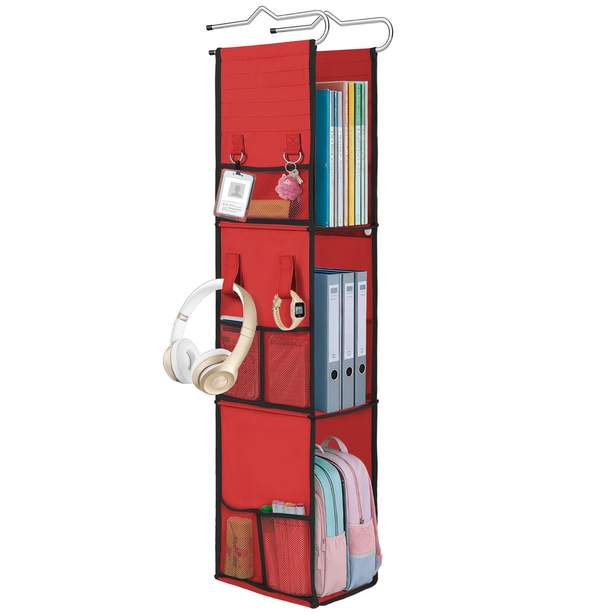 LOVEGRASS 3 Shelf Hanging Locker Organizer with Side Pockets, Red and Black