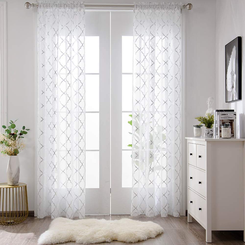 Yj Yanjun White And Silver Sheer Curtains 108 Inches Long-Sliver Moroccan Print Curtains Rod Pocket 2 Panel Set White/Silver