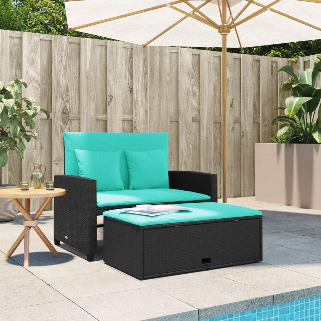 vidaXL Black Patio Sofa with Cushions - 2-Seater Storage Bench/Sofa Bed - Outdoor Garden Furniture with Footstool - Weather-Resistant PE Rattan - Includes Removable Blue Cushions for Comfort
