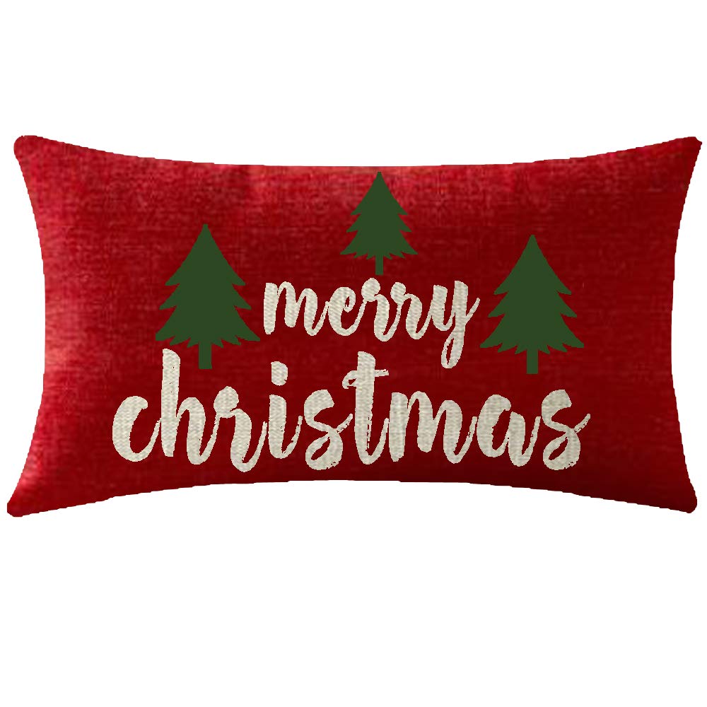 Niditw Happy Holidays Merry Christmas Trees Red Cotton Linen Throw Pillowcase Cushion Cover Sofa Chair Decorative Rectangle 12X2