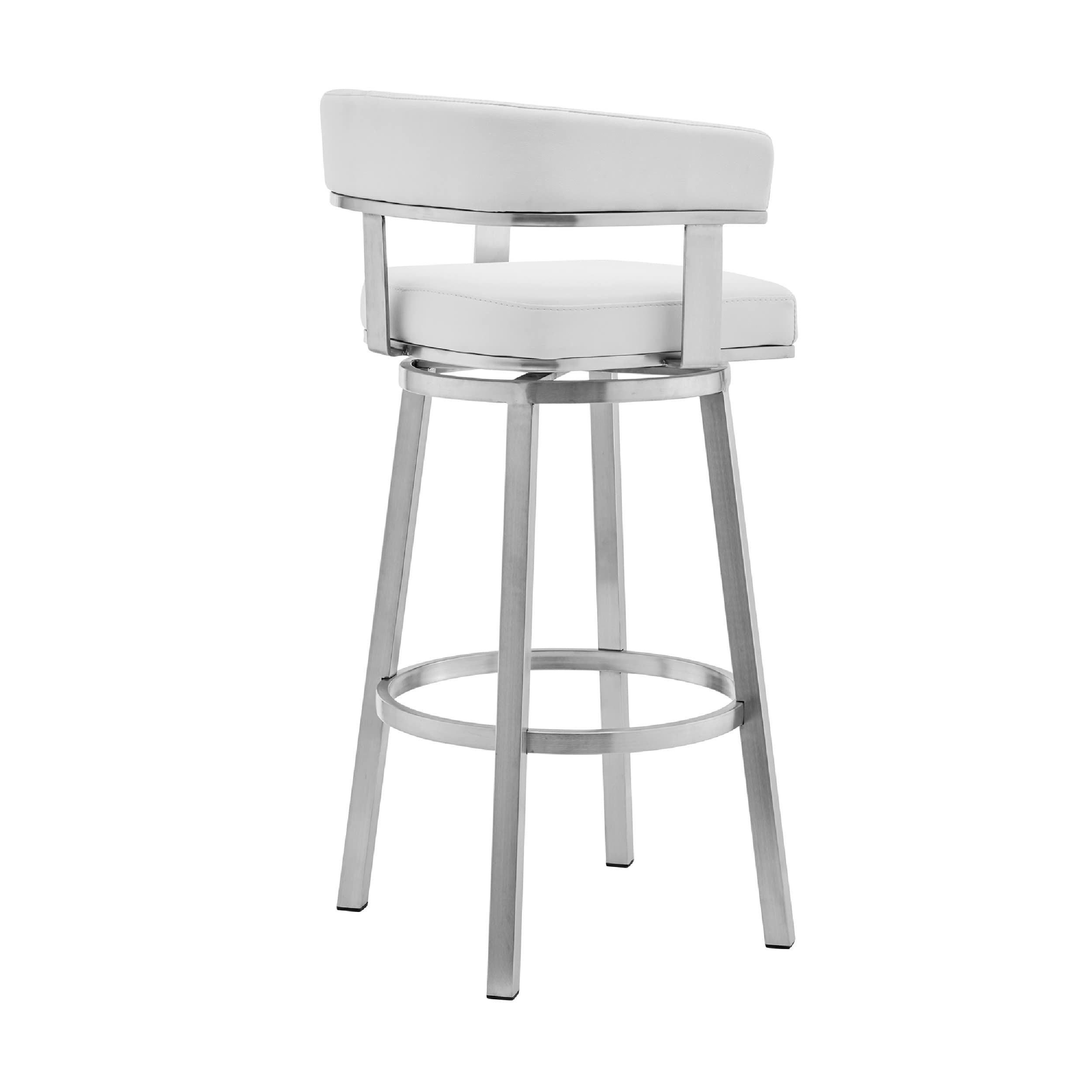 Benjara Swivel Barstool With Open Curved Back And Metal Legs, White And Silver