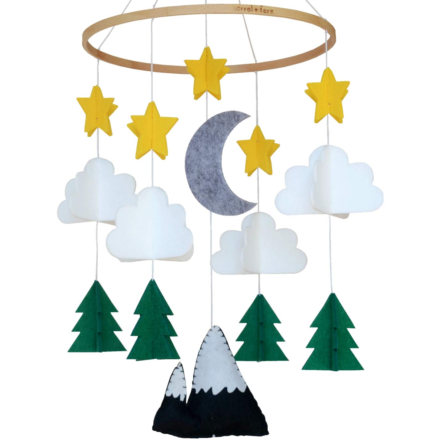 Sorrel + Fern Baby Crib Mobile (Starry Woodland Night, Long Evergreen) - Nursery Decoration Ceiling Mobile and Baby Shower for B