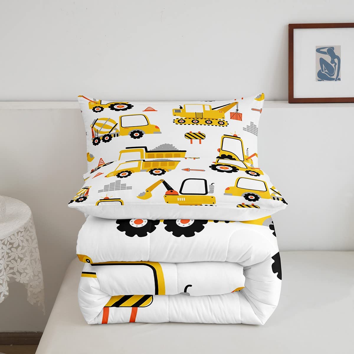 Feelyou Cartoon Car Comforter Set Kids Construction Comforter For Boys Equipment Trucks Bedding Set Breathable Cartoon Yellow Ca