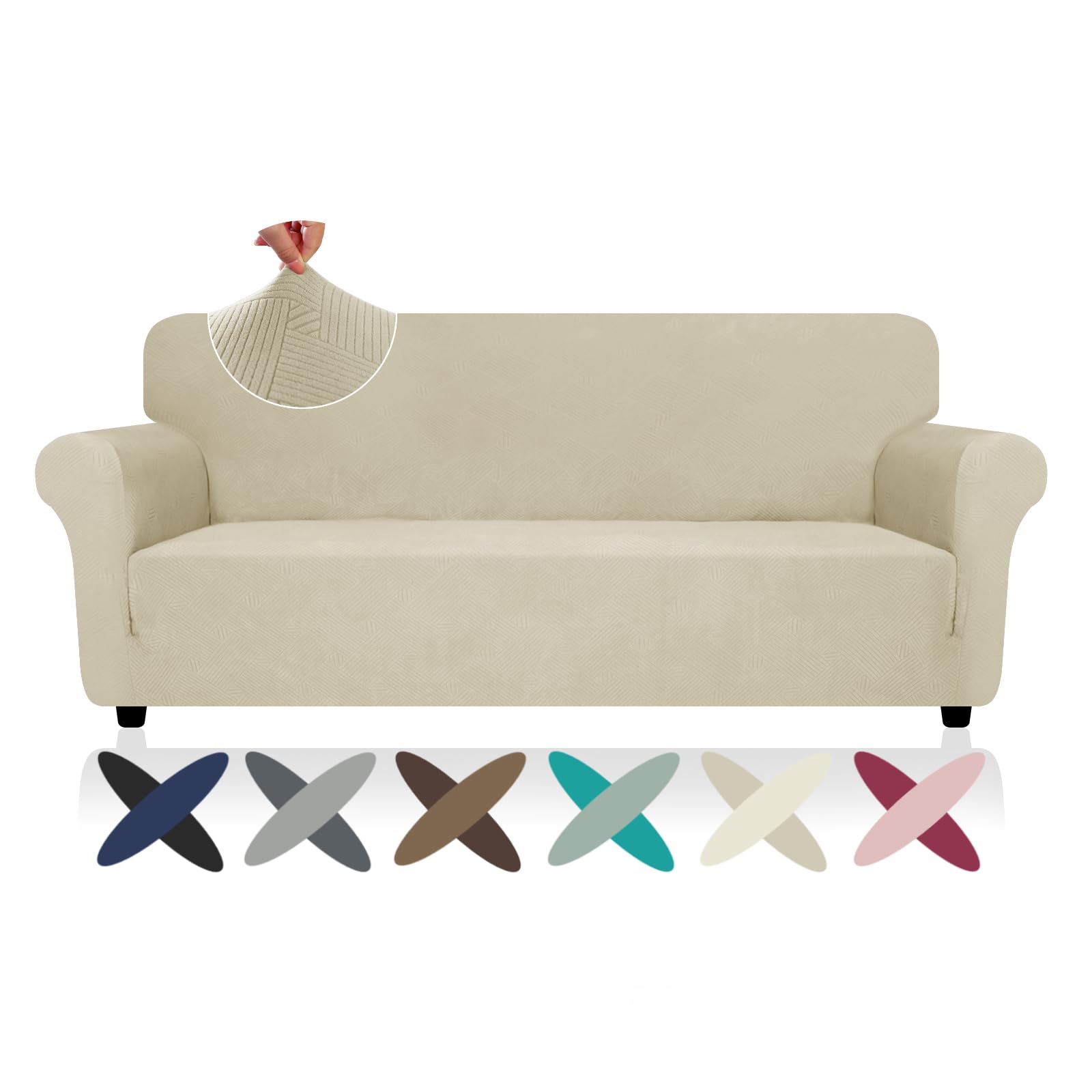 Znsayotx Super Stretch Couch Cover (72'-92'), New Striped Sofa Covers Fitted Slipcovers With Elastic Bottom, Dog Cat Pets Proof Spandex Fabric Comfortable & Durable (Khaki, Sofa)