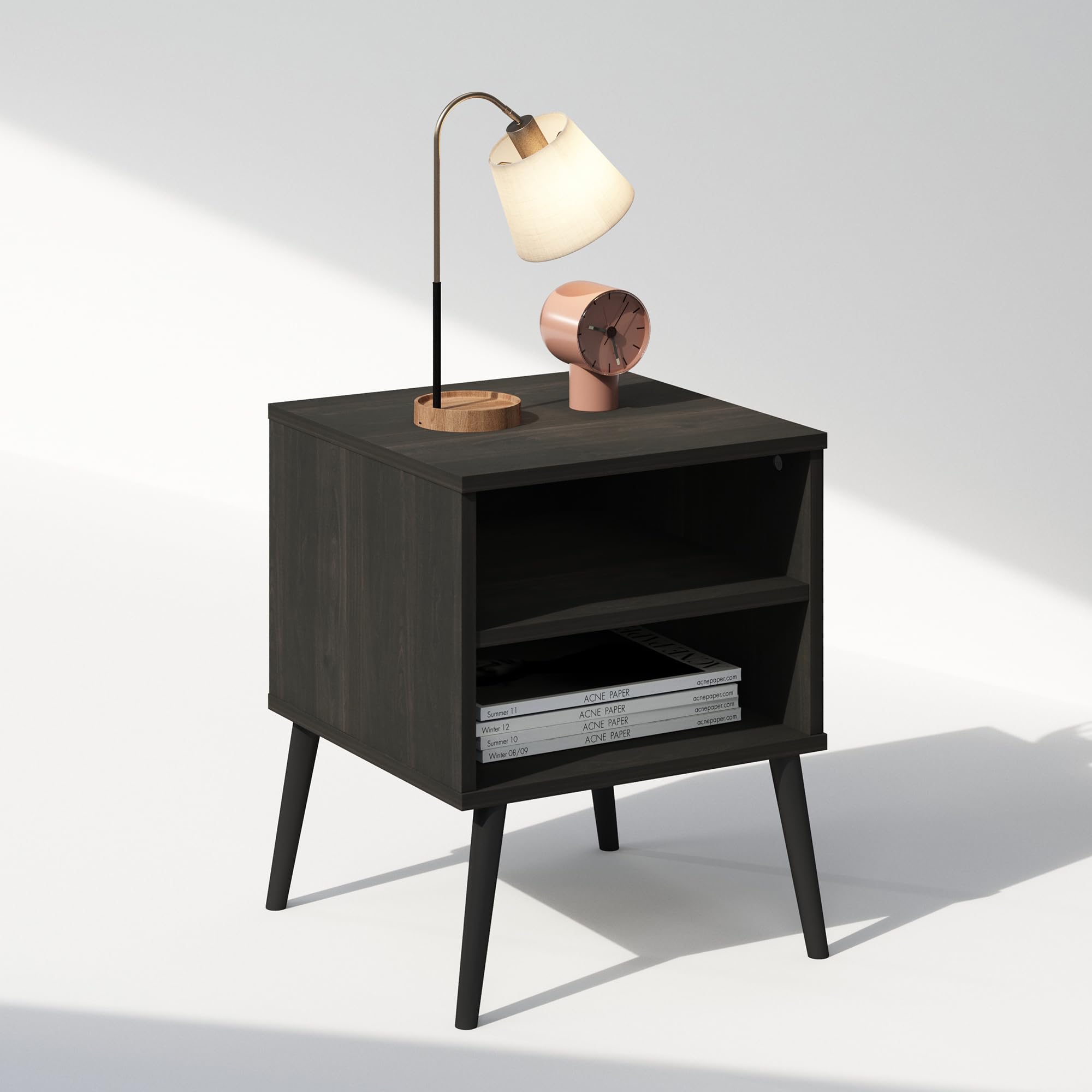 Furinno Claude Mid Century Style Nightstand With Wood Legs, 15.55 (D) X 15.55 (W) X 20.16 (H) Inches, Espresso
