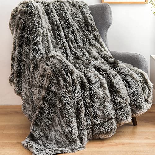 Gonaap Fuzzy Faux Fur Throw Blanket Frosty Black Super Soft Cozy Plush Fuzzy Shaggy Blanket For Couch Sofa Bed (Frosty Black, Th