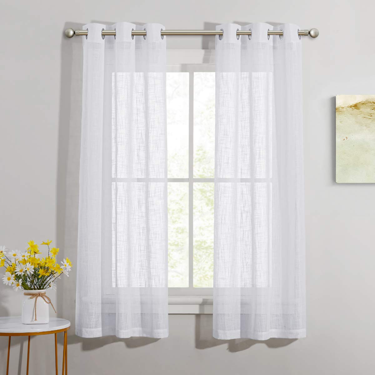 Nicetown White Sheer Curtains 63 Inch Length, Grommet Semi Sheer Linen Texture Small Window Treatments Privacy Curtain Lights Fo