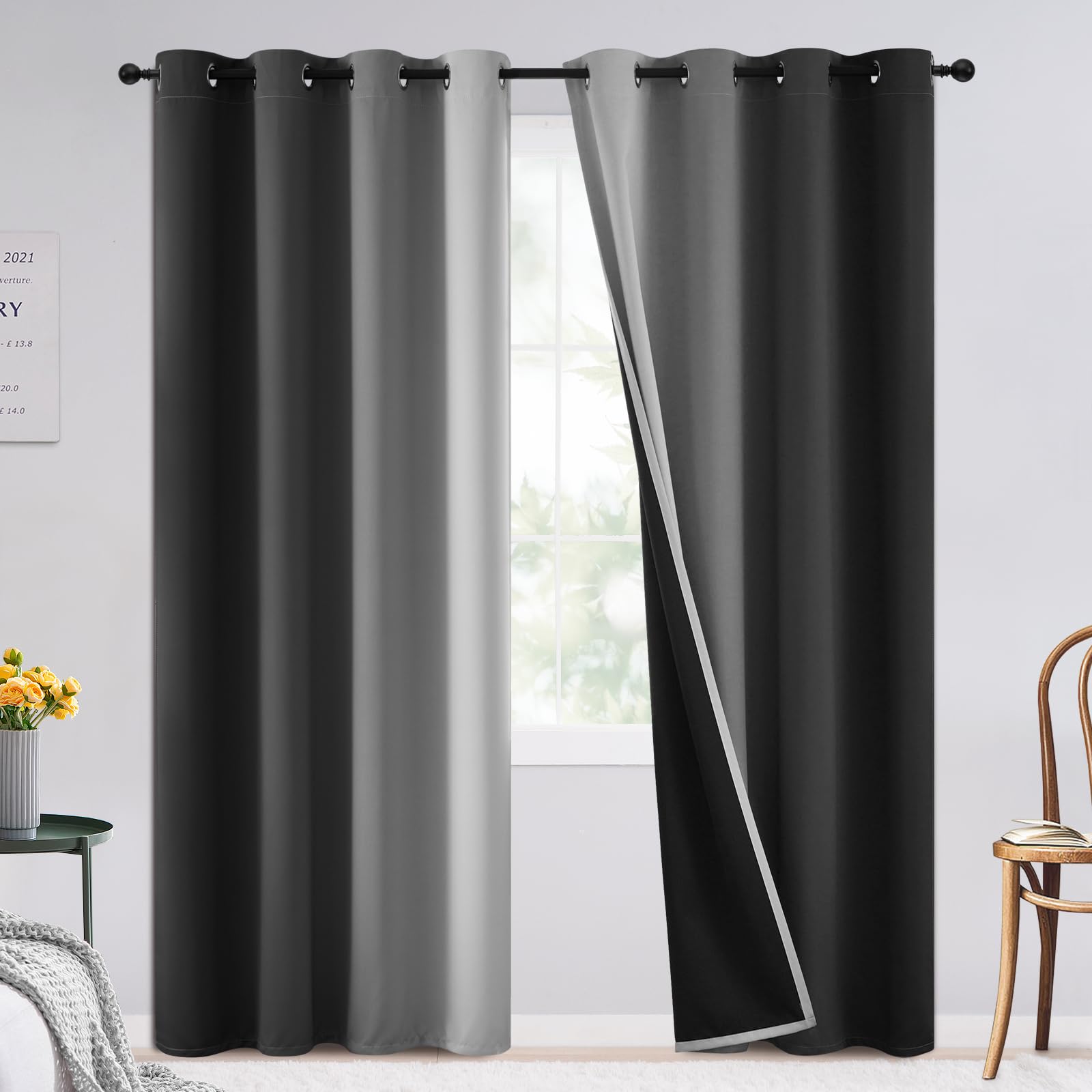 Simplehome Ombre 100% Blackout Curtains For Bedroom, Full Light Blocking Black And Greyish White Curtains, Thermal Insulated Gro