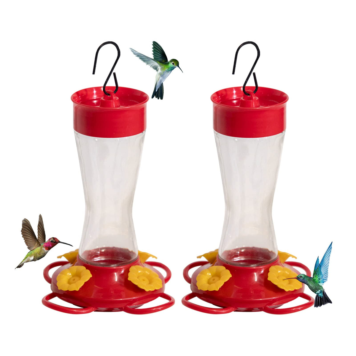 Nature'S Rhythm Bird Feeder 4 Bee Guard Plastic Yellow Flowers Feeding Port 12Oz Glass Pinch Waist Hummingbird Feeder (2Pcs)