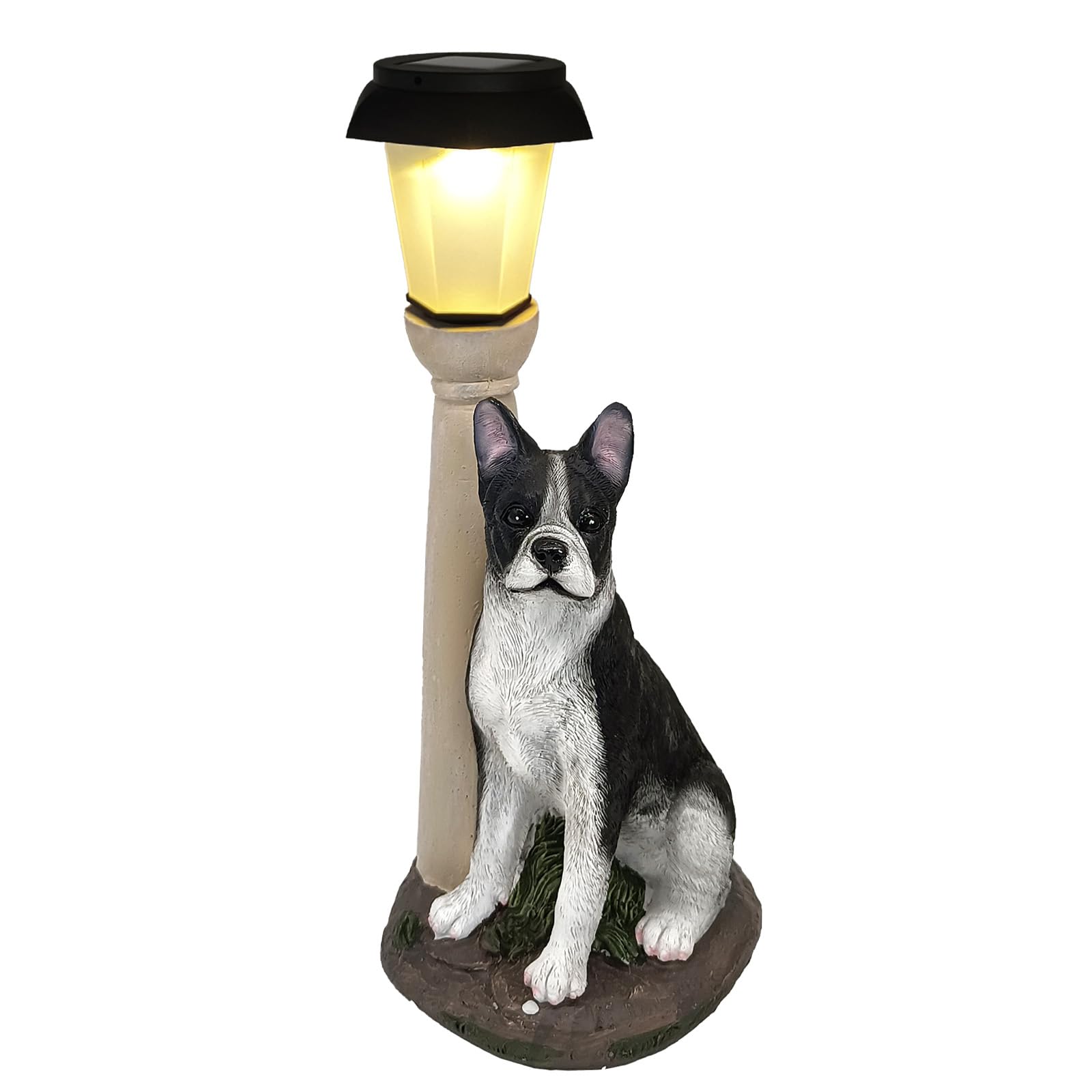 Solar Dog Garden Statues With Lantern, Resin Boston Terrier Sculpture With Warm White Light For Outside Lawn Porch Patio