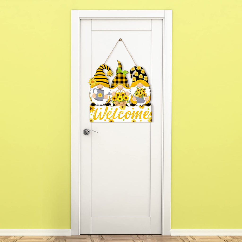 Panelee Sunflower Gnomes Welcome Sign Summer Welcome Hanging Sign Decorations Wreath Sign Wooden Hanging Door Sign With Ropes Fo