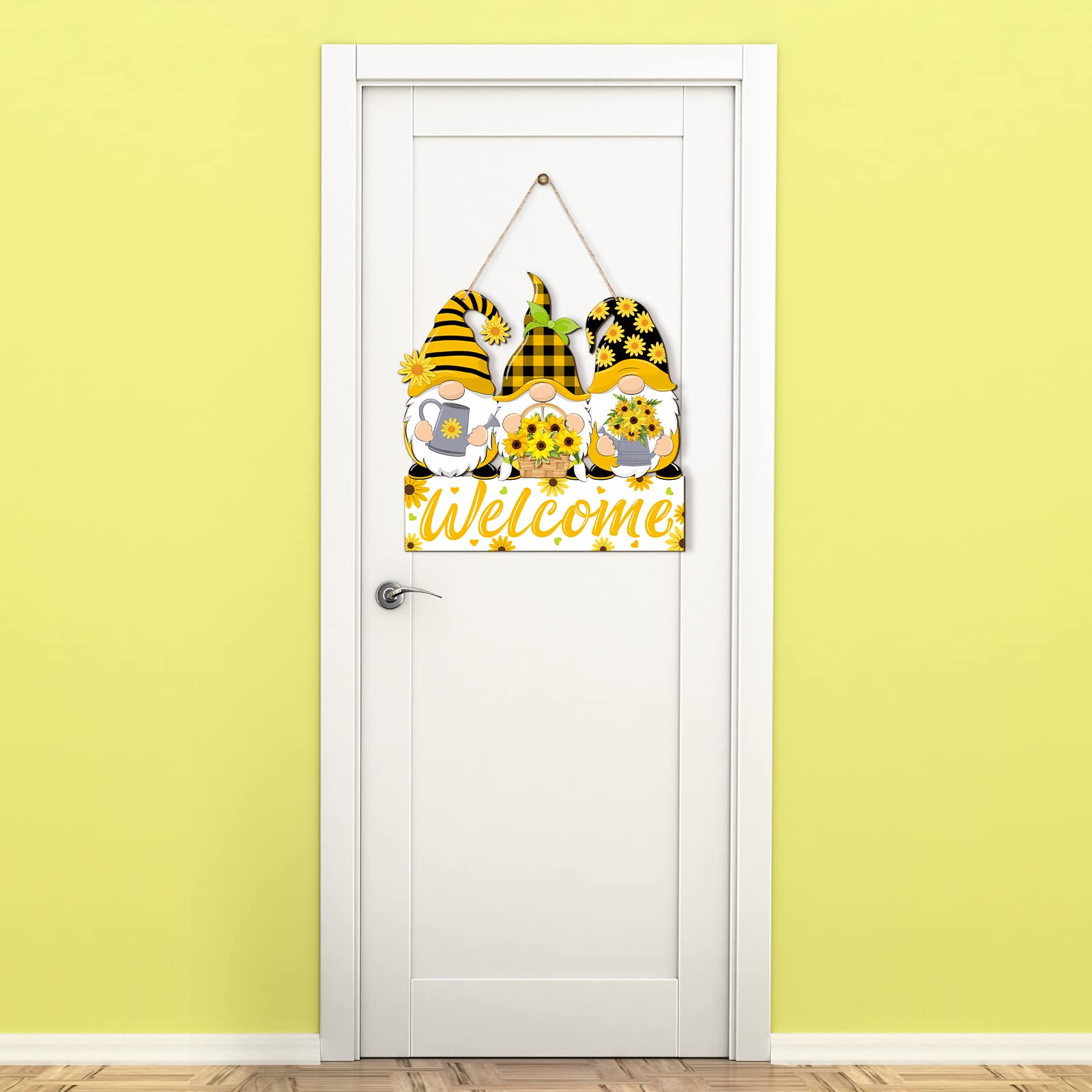 Panelee Sunflower Gnomes Welcome Sign Summer Welcome Hanging Sign Decorations Wreath Sign Wooden Hanging Door Sign With Ropes Fo
