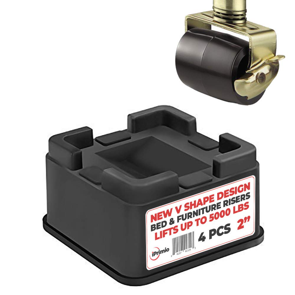 Iprimio Stackable Furniture Risers, Fits Caster Wheels - Square, Bed Risers 2 Inch Lift, Heavy Duty, 4 Pack, Up To 5000Lbs - Bed