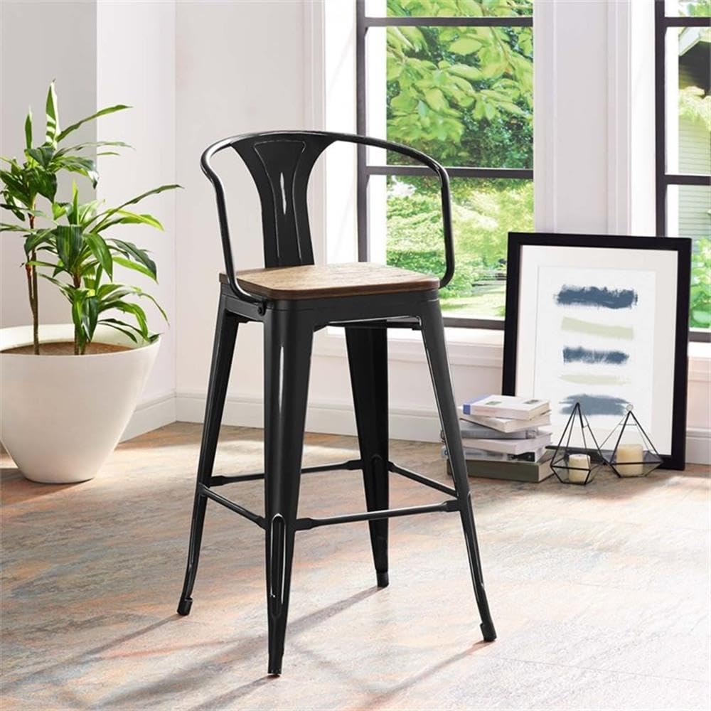 Modway Promenade Industrial Modern Steel Bistro Bar Stool With Arms And Bamboo Seat, Black