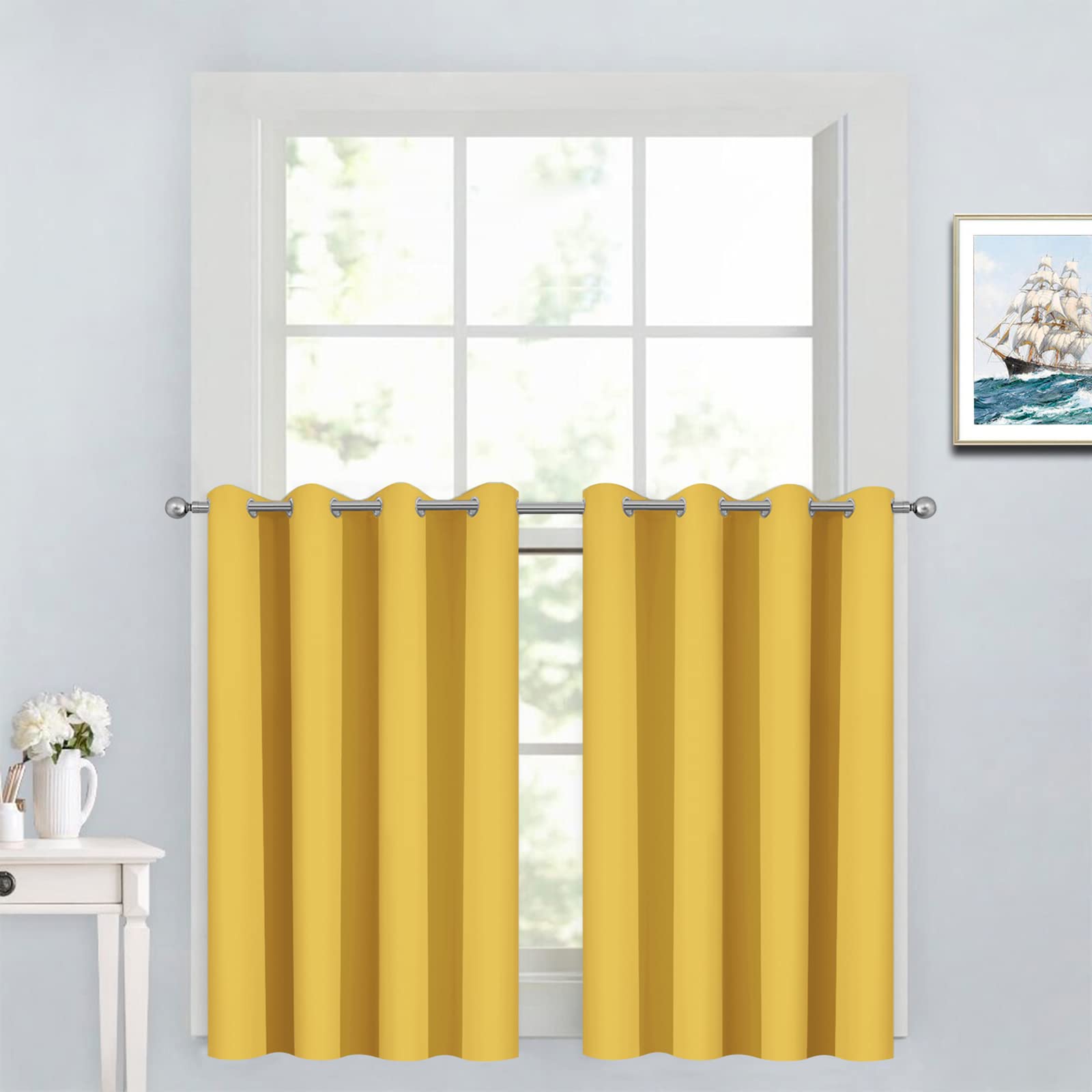 Bedroom Half Window Curtains - Home Decoration Short Drapes Eyelet Top Draperies(Mustard Yellow, 52Wx36L, 2 Panels)