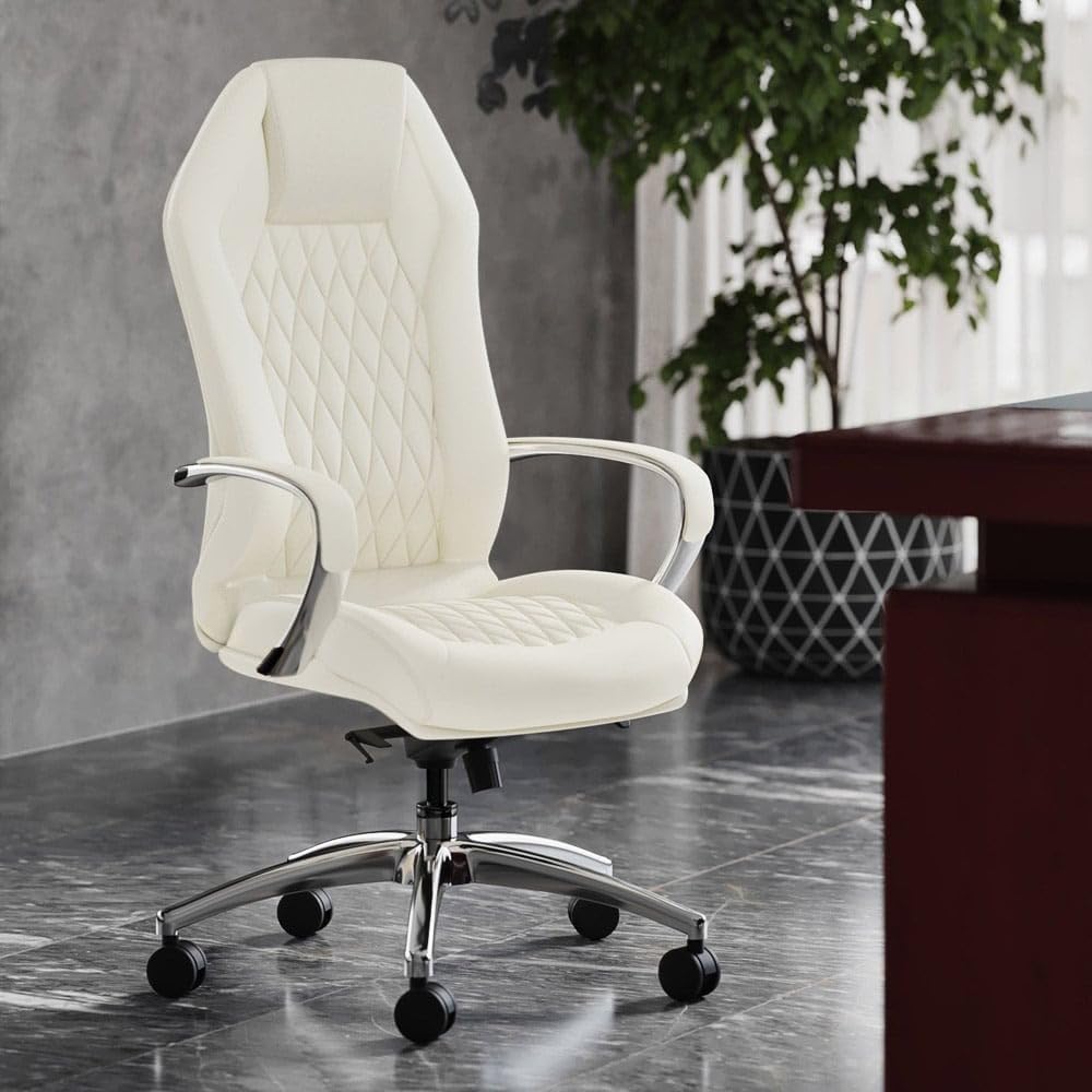 Zuri Furniture Modern Ergonomic Sterling Genuine Leather Executive Chair With Aluminum Base - Cream